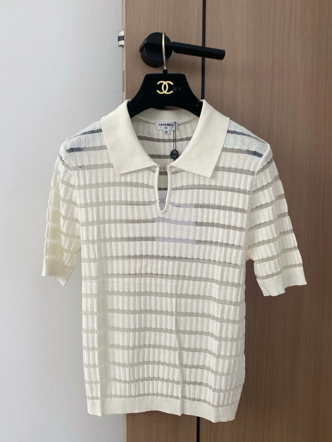 C 25 New Striped Buttoned Lapel Short Sleeve Knit Top(WHITE PINK)