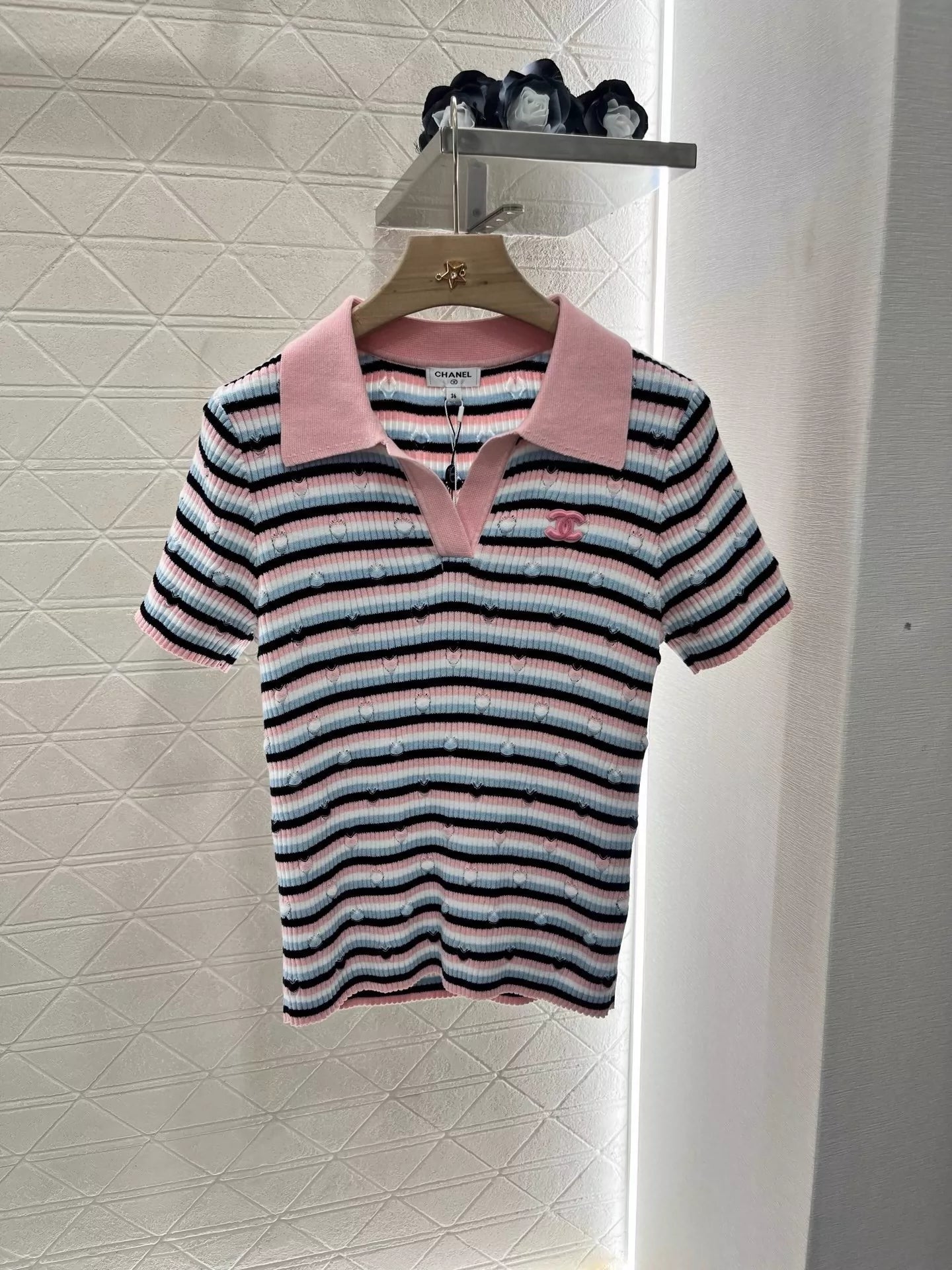 C 25 Lapel Striped Short Sleeve Top