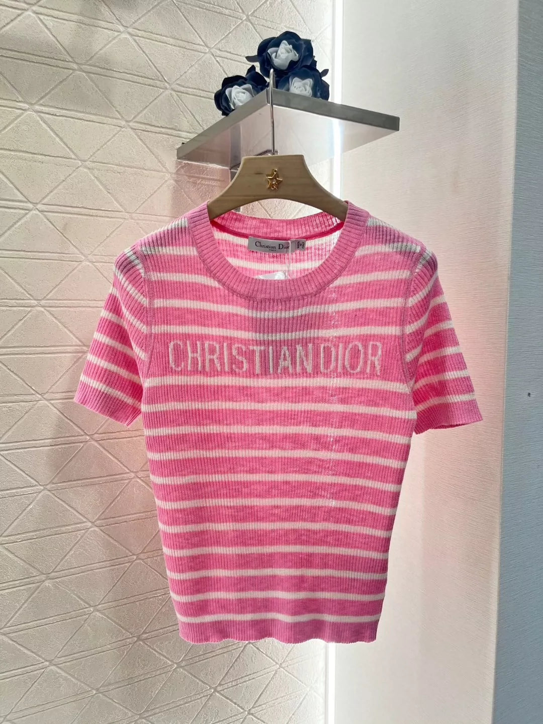 D 25 Spring and Summer new striped knitted short-sleeved top(black,white,pink)