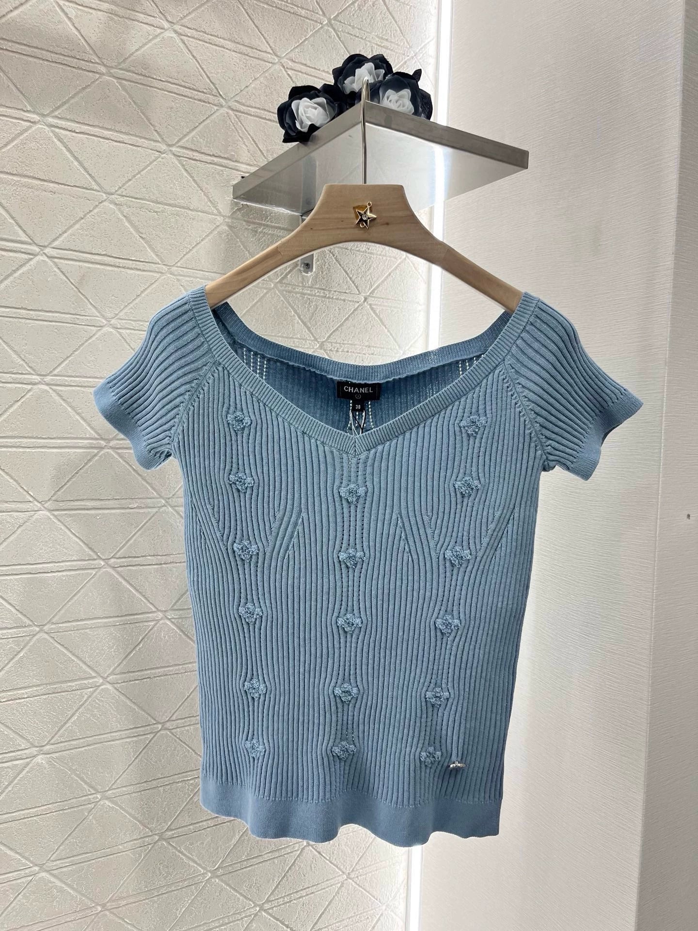C 25 Spring and Summer New Three-dimensional Crochet Knitted Short-sleeved Top(pink white blue black)
