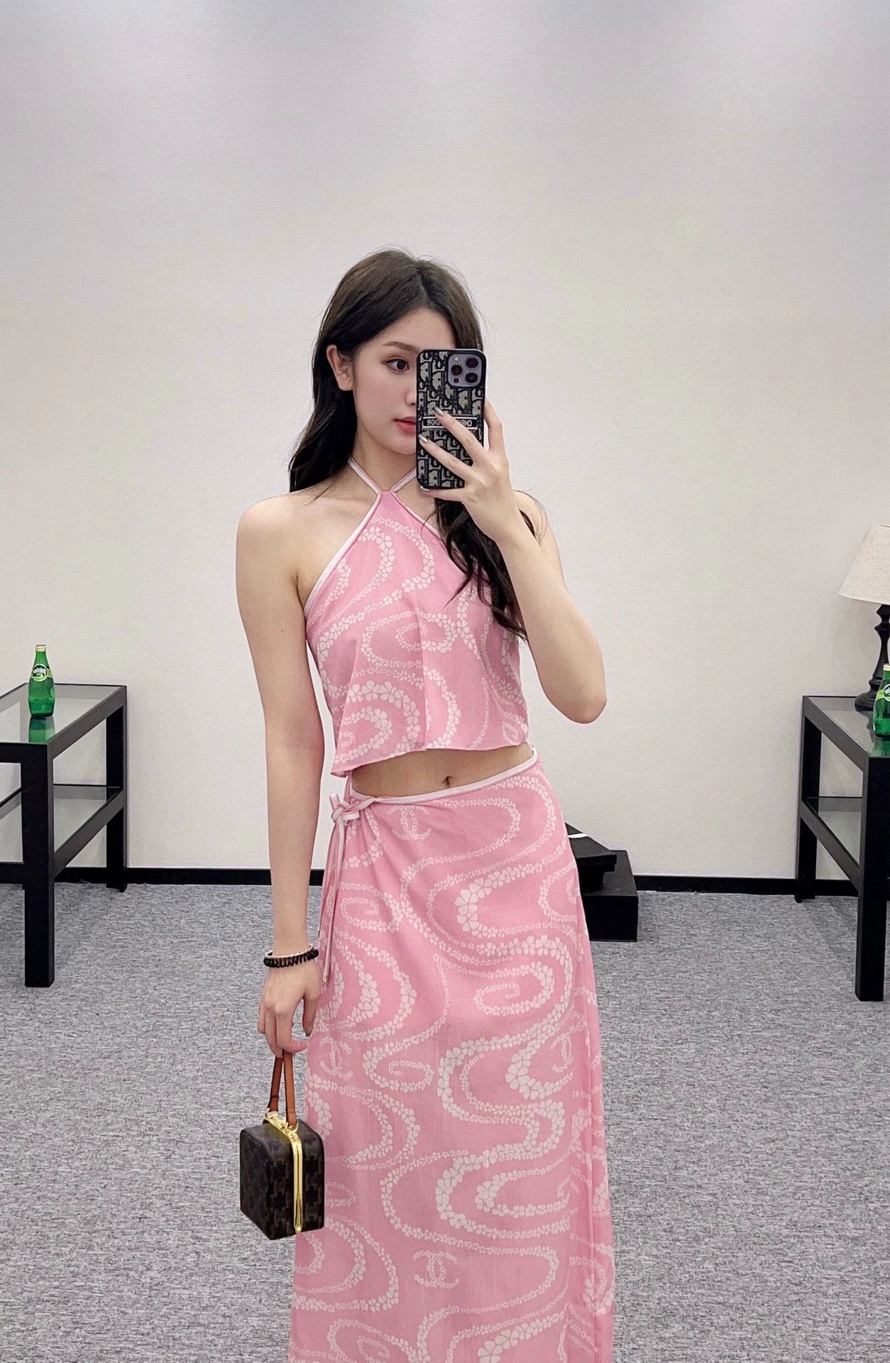 C 25 Printed Hanging Neck Vest Long Skirt Set(black pink orange)