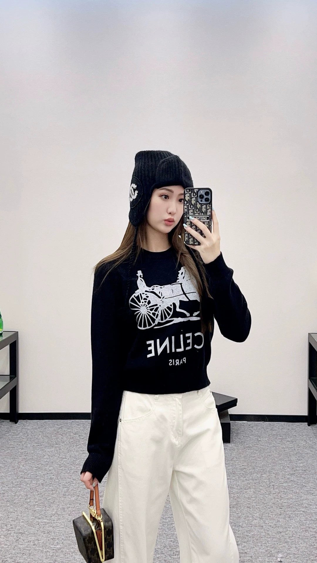 CE 25 Crochet letter carriage knit sweater(Beigei/black)