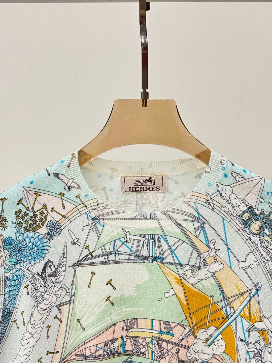 H 25 Early Spring New Round Neck Sailboat Pattern Color Printing Casual Knitted Short Sleeve