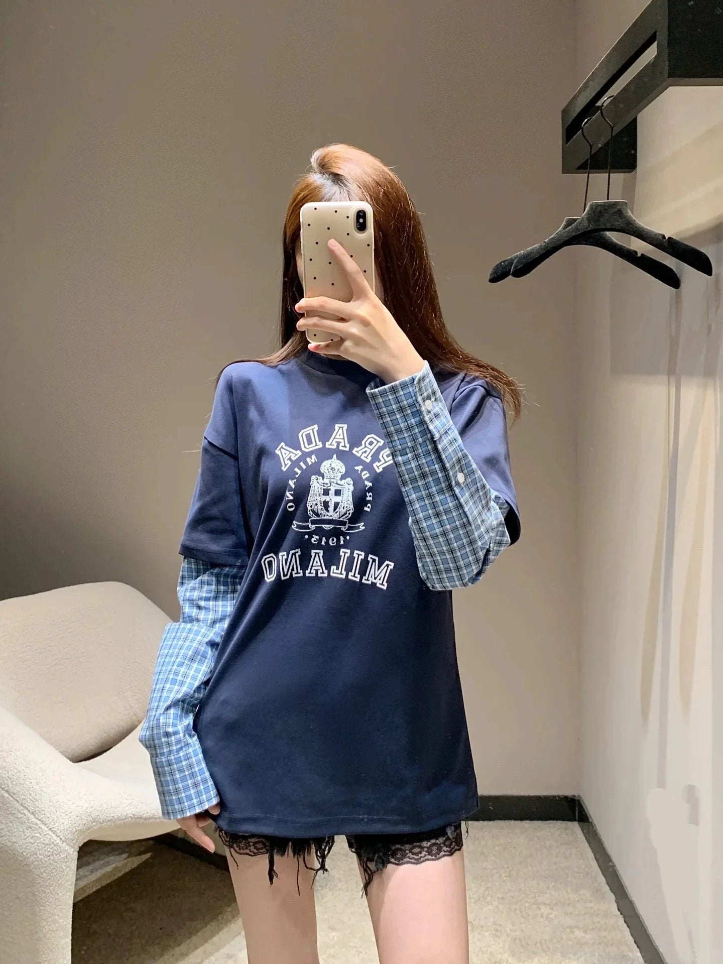 25 Summer new style stitching contrast color plaid long sleeves