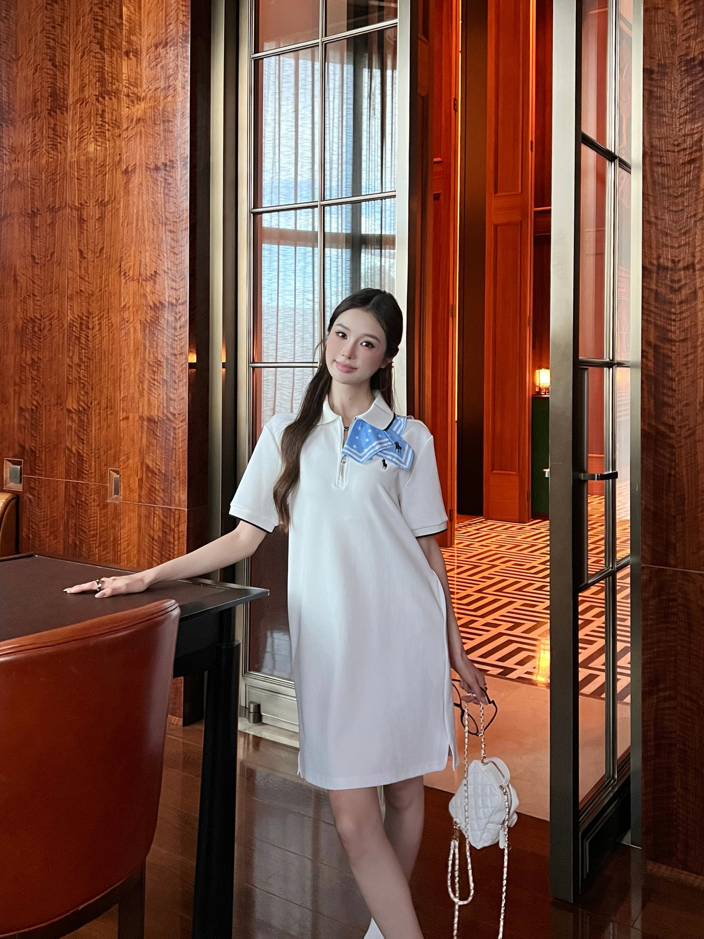 R 25Ss Early Fall New Polka Dot Classic Pattern Print Scarf Decorated Polo Lapel Dress