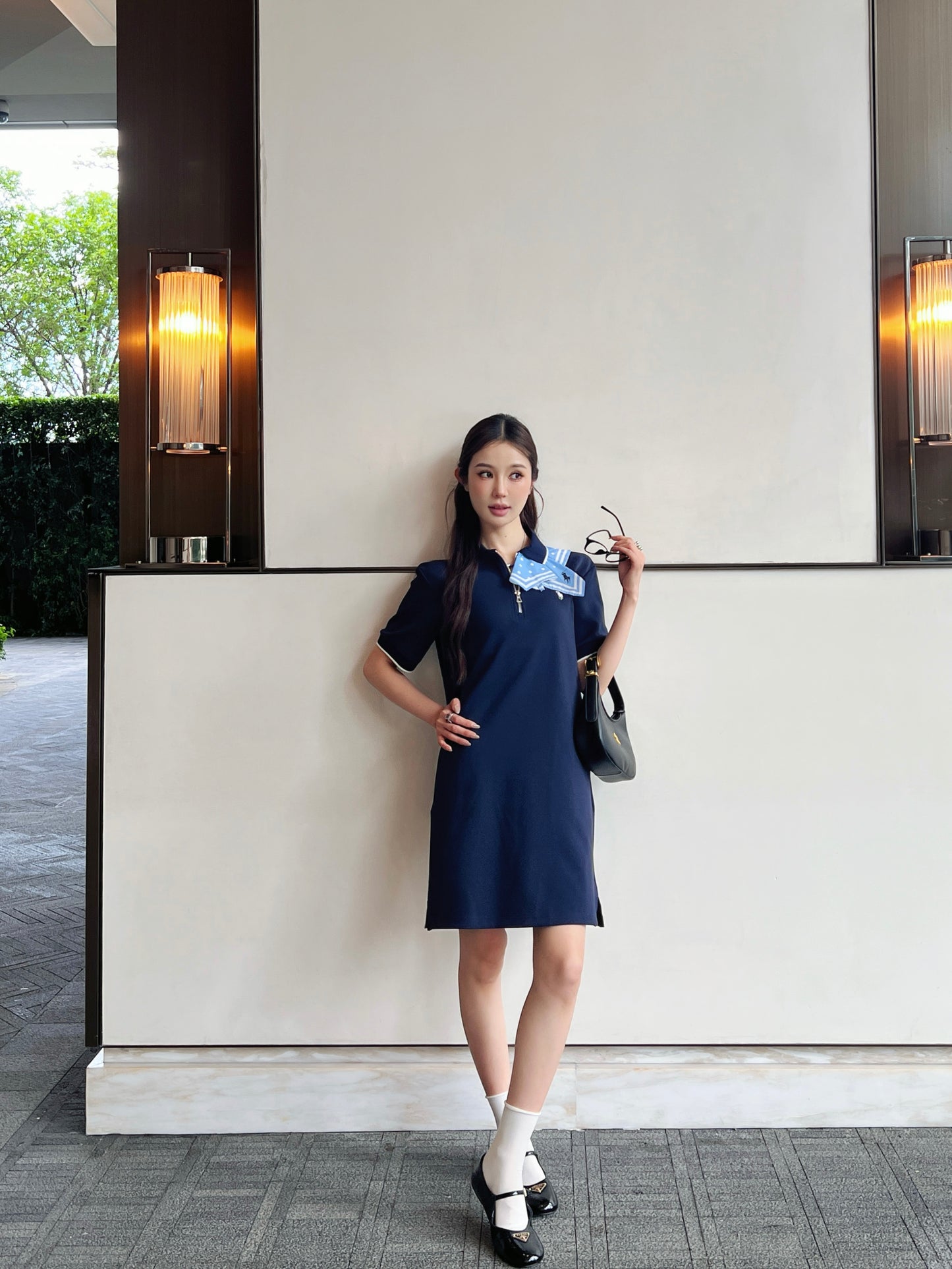 R 25Ss Early Fall New Polka Dot Classic Pattern Print Scarf Decorated Polo Lapel Dress