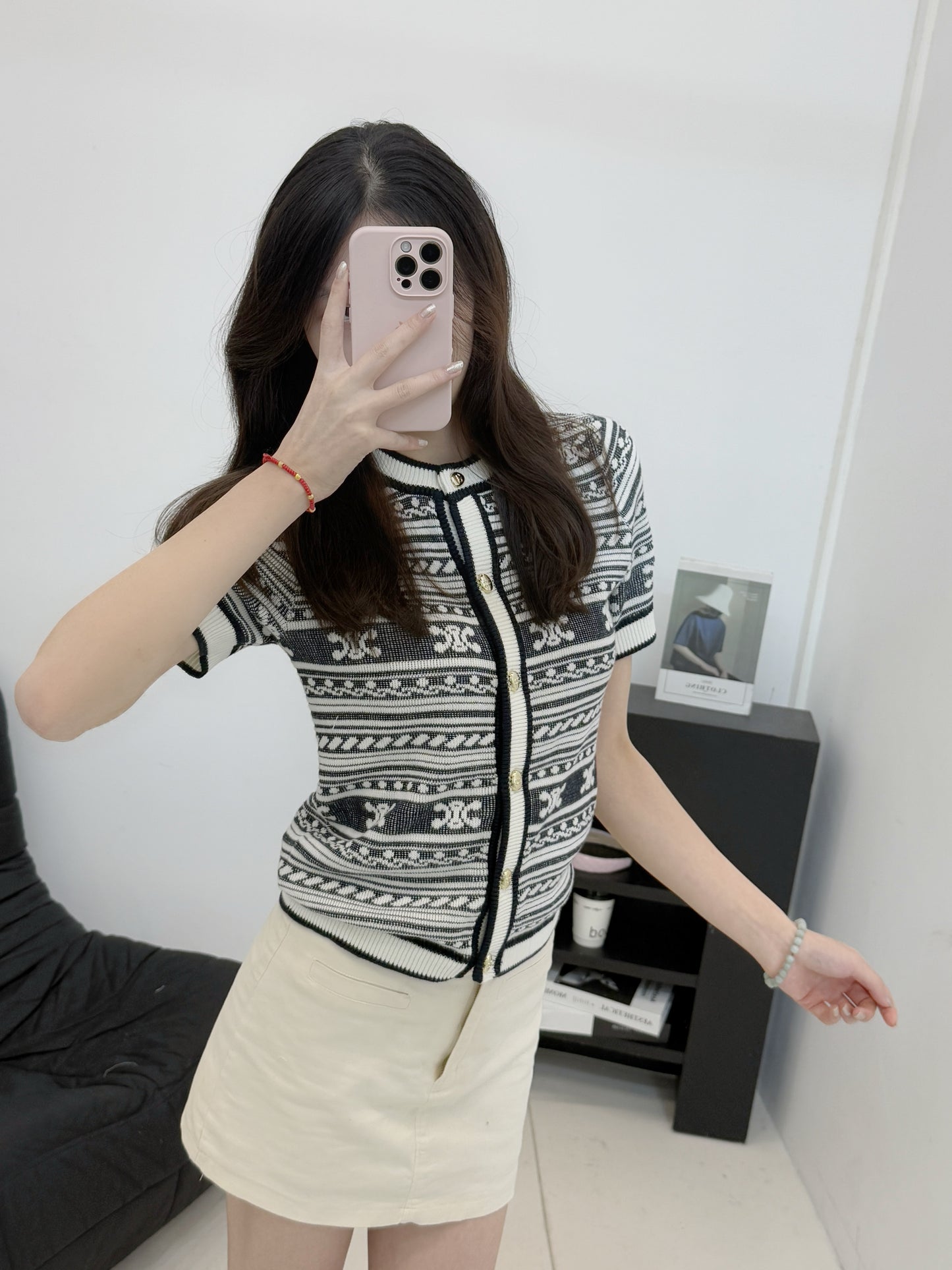 CE 25 Early Fall Arc de Triomphe Pattern Knitted Short Sleeve Cardigan