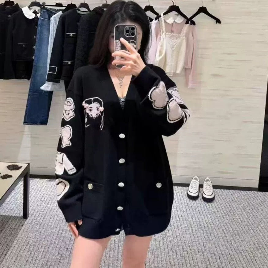 C 25 Early Autumn New Comic Pattern V-Neck Long Sleeve Cardigan