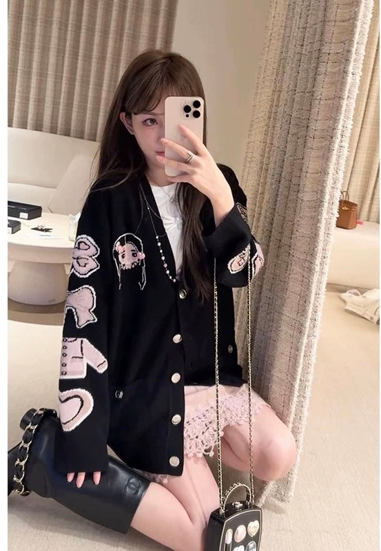 C 25 Early Autumn New Comic Pattern V-Neck Long Sleeve Cardigan