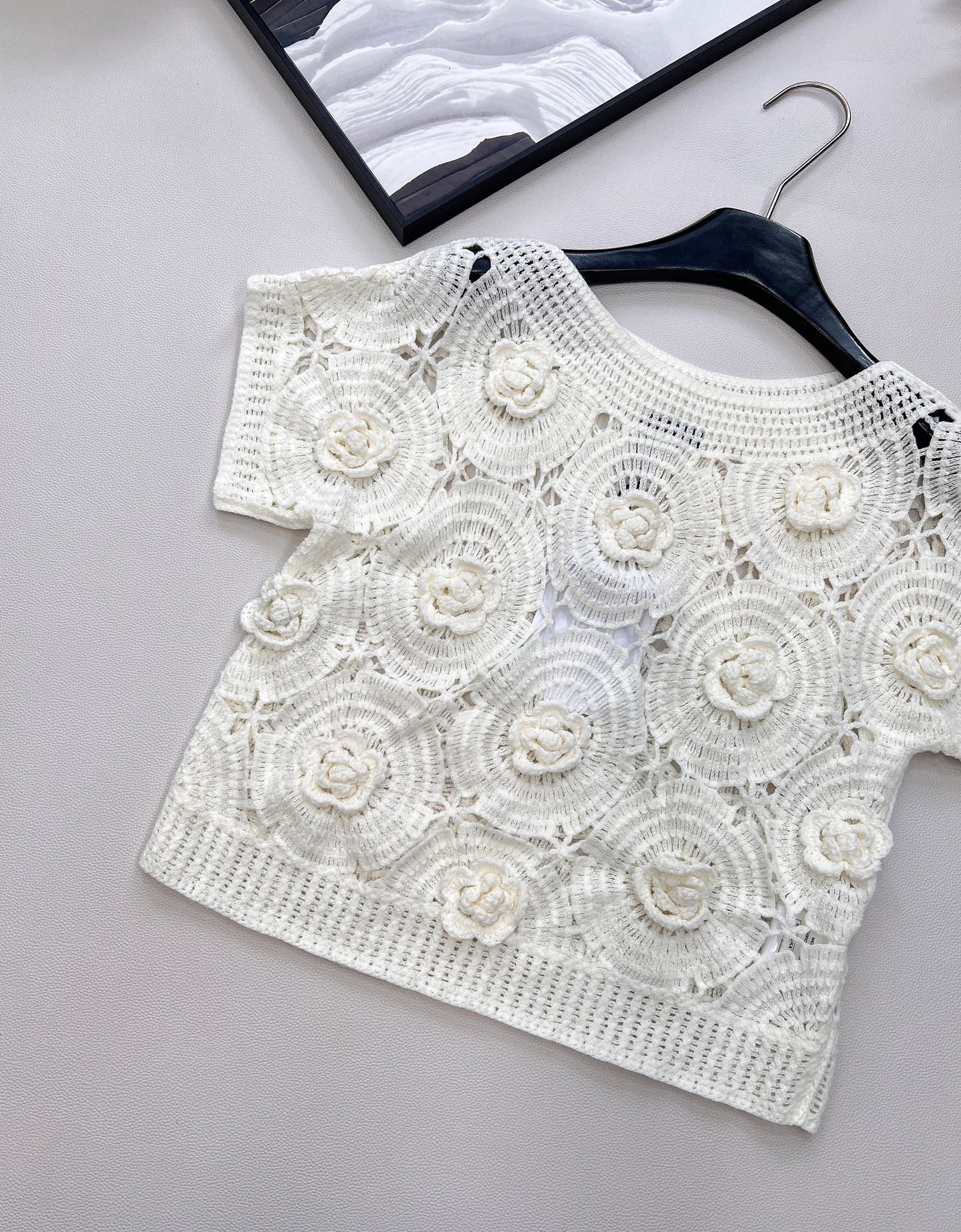 C 25 New Camellia Lace-Up Knitted Short-Sleeved Top.