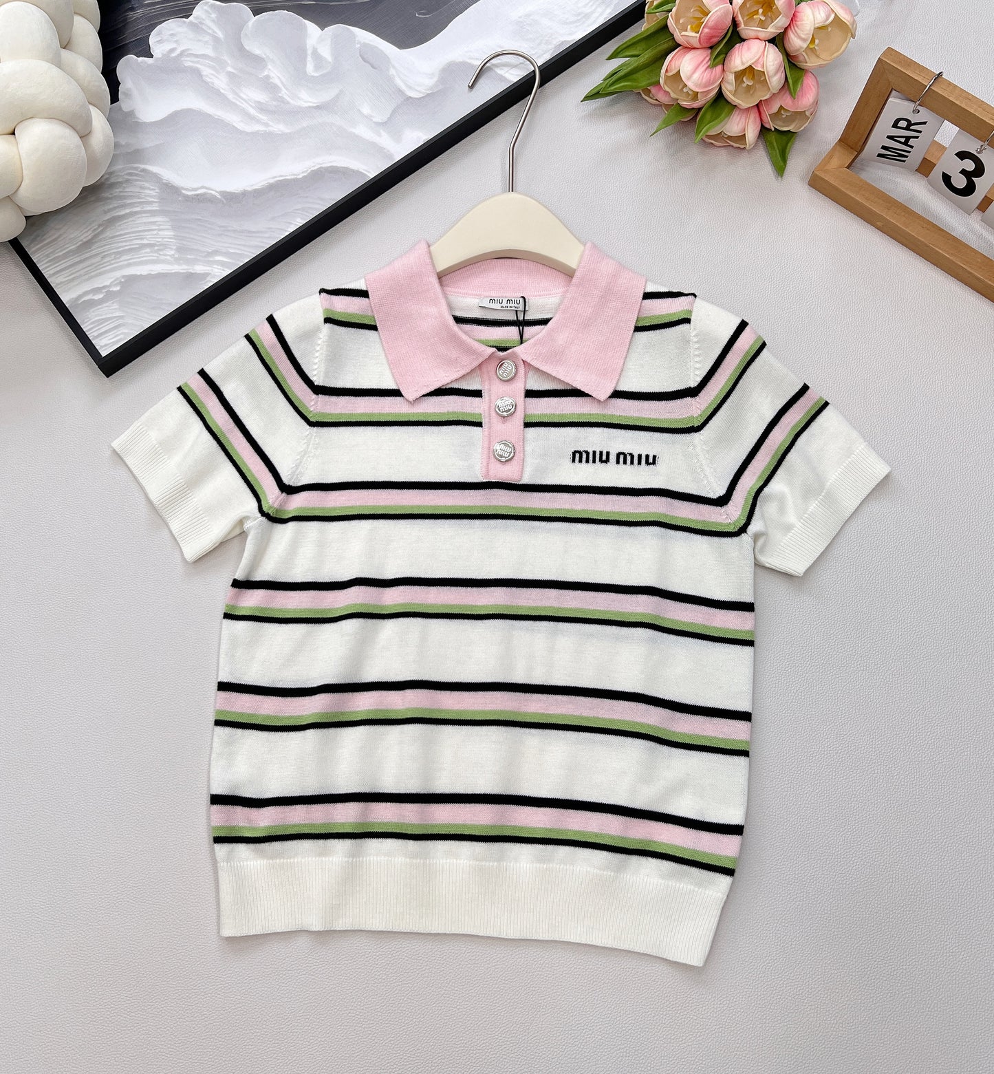 M 25 New Letter Embroidered Striped Knitted Polo Shirt