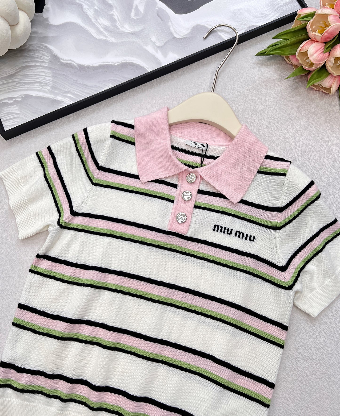 M 25 New Letter Embroidered Striped Knitted Polo Shirt