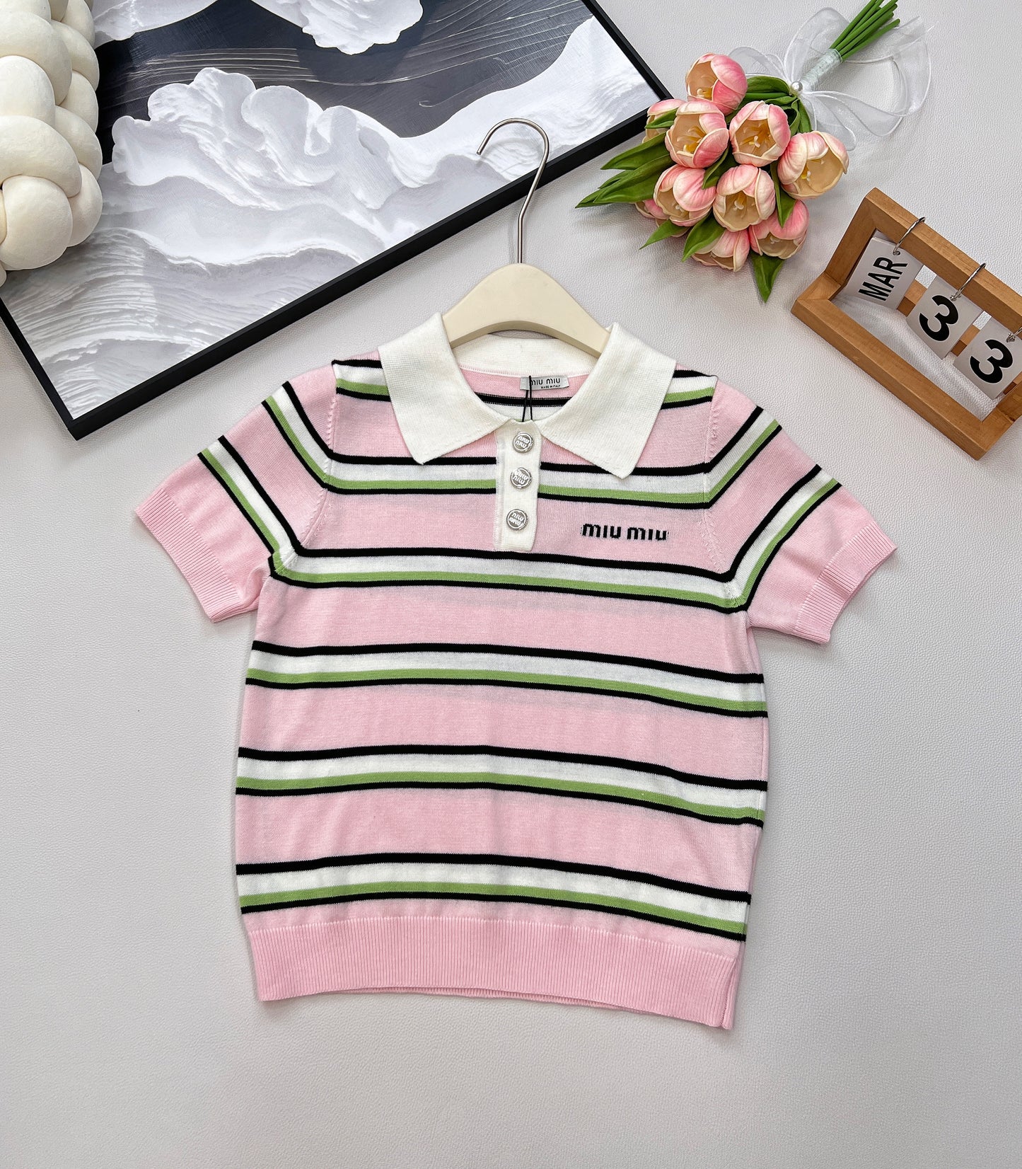M 25 New Letter Embroidered Striped Knitted Polo Shirt