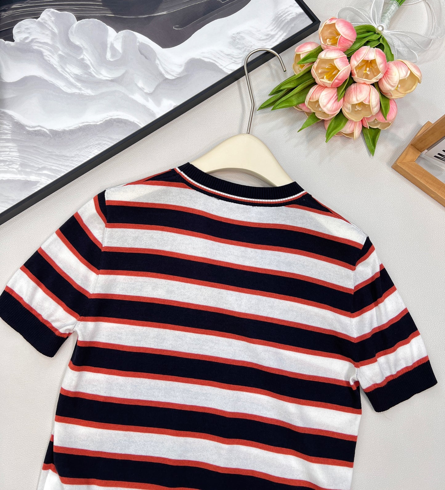 p 25Ss new spring and summer striped short-sleeved knitted top