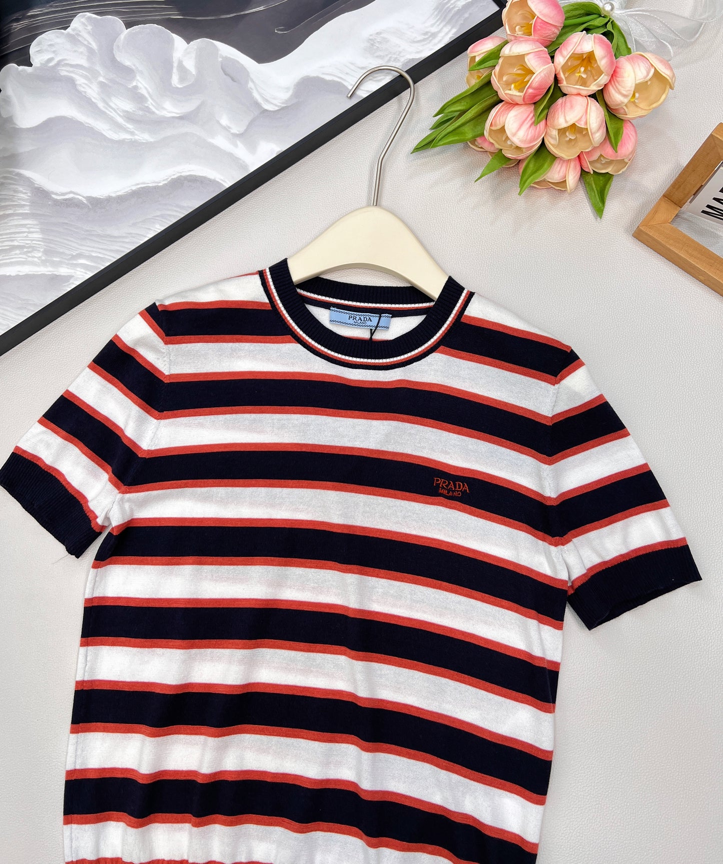 p 25Ss new spring and summer striped short-sleeved knitted top