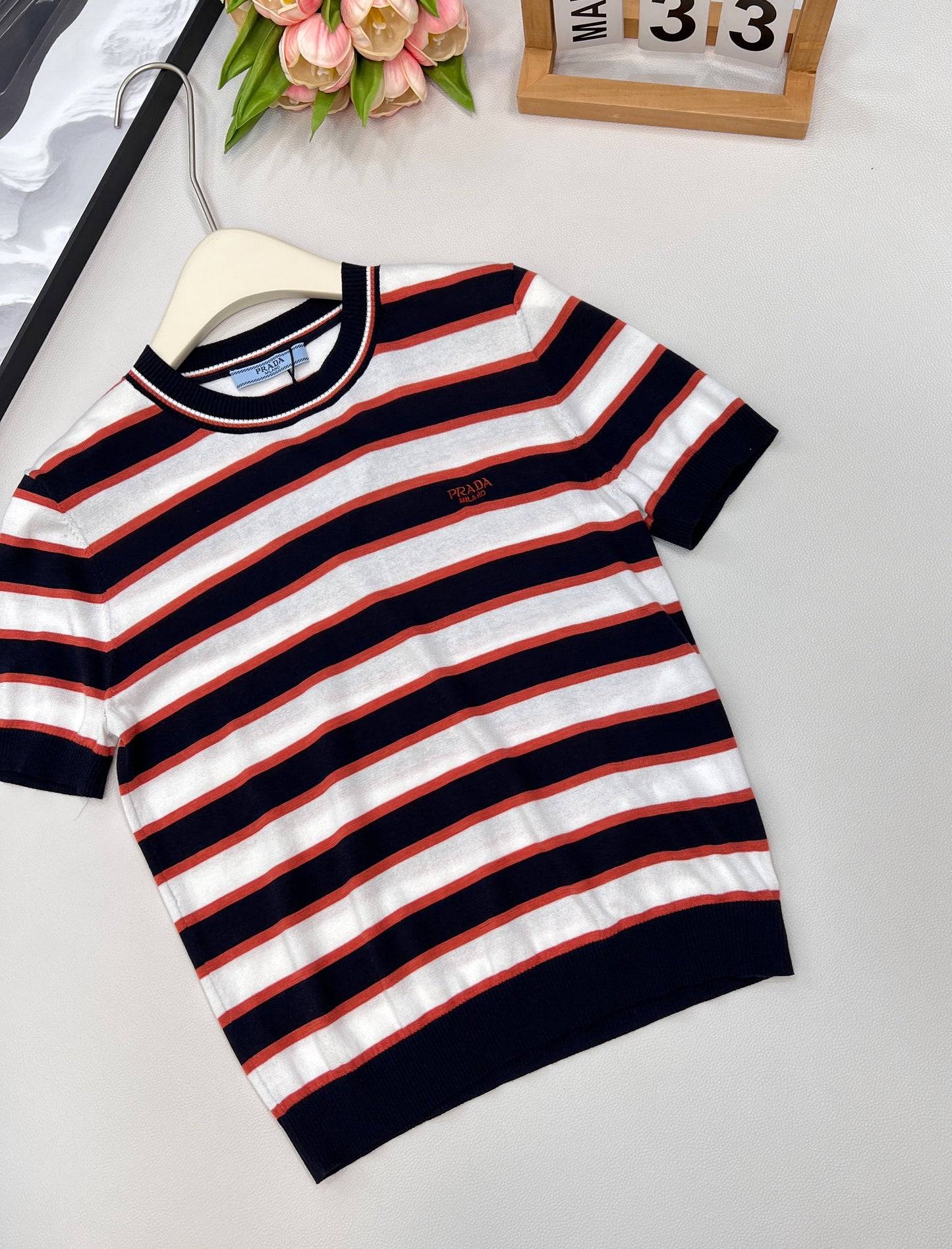 p 25Ss new spring and summer striped short-sleeved knitted top