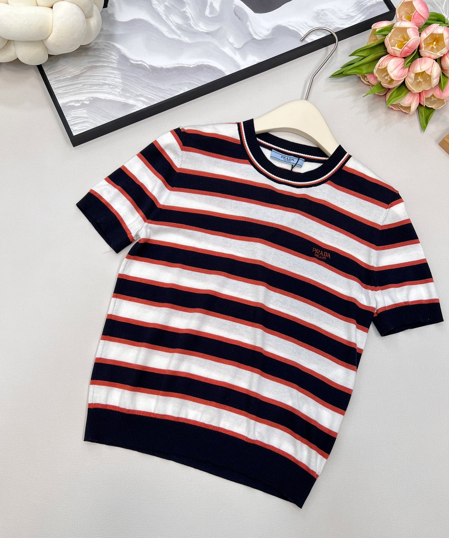 p 25Ss new spring and summer striped short-sleeved knitted top