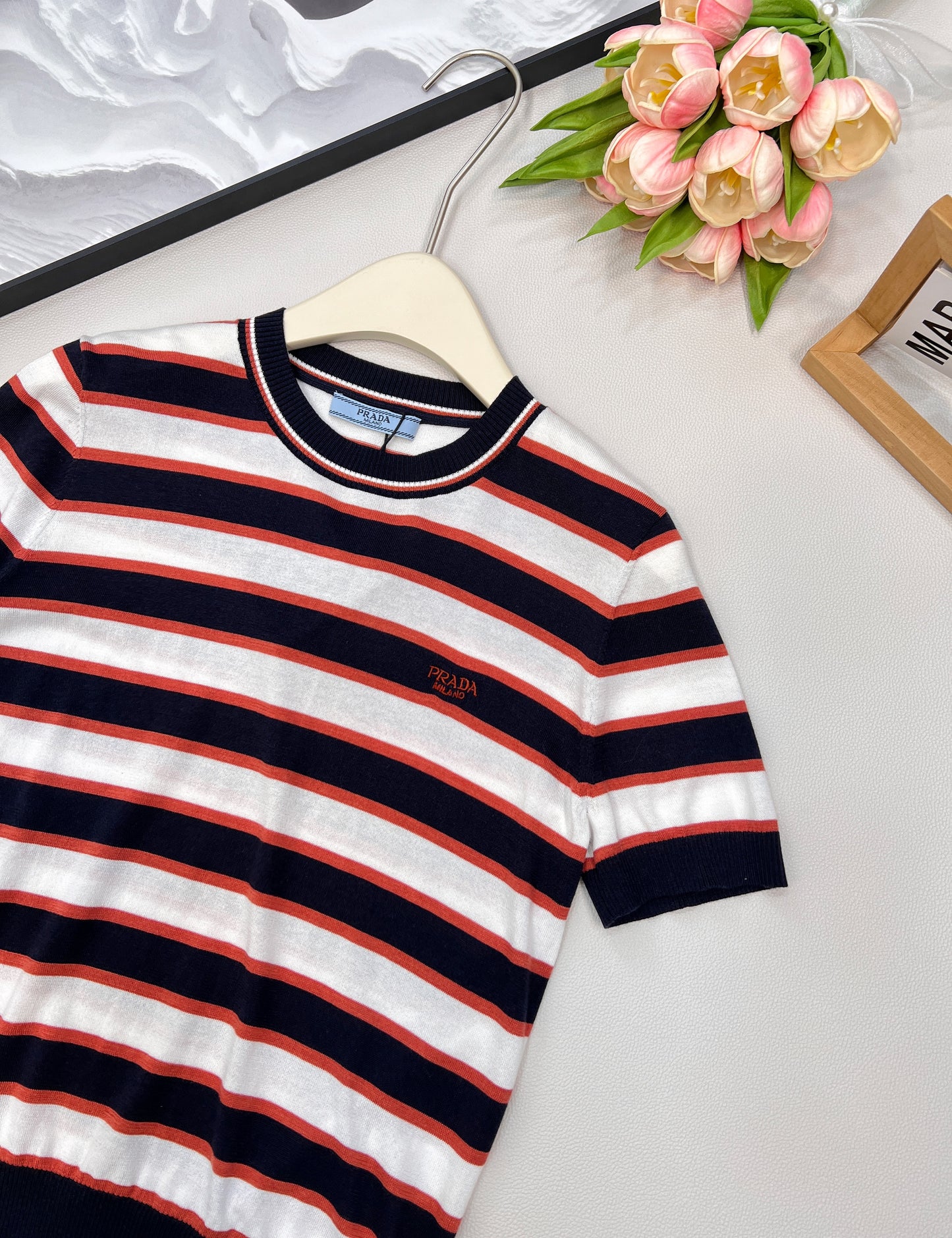 p 25Ss new spring and summer striped short-sleeved knitted top