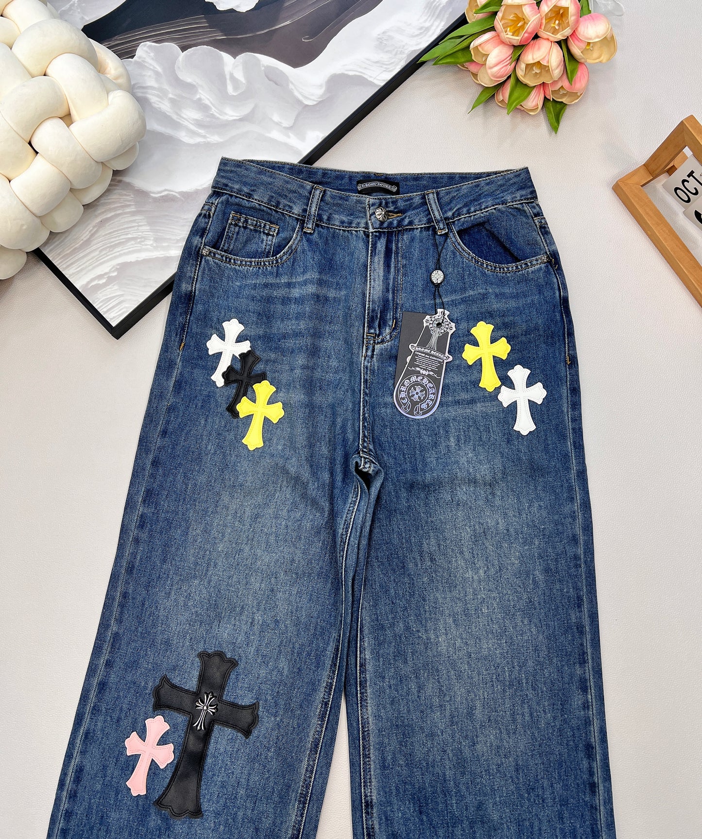 CH 25 New Cross Leather Logo Metal Straight-Leg Jeans