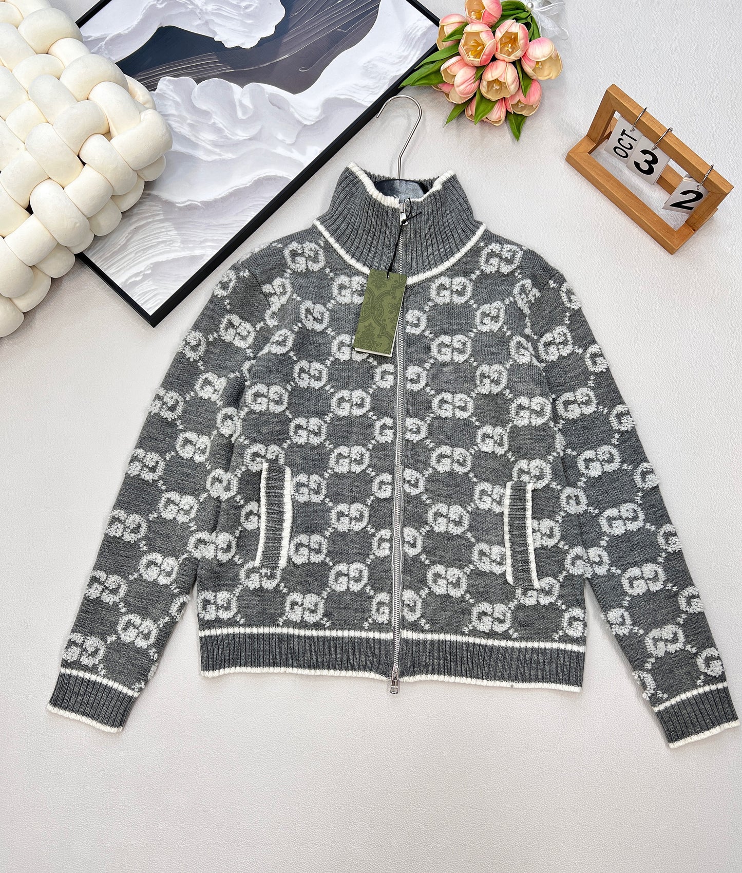G 25 Limited Edition Classic Stand-Up Collar Jacquard Knit Zipper Cardigan