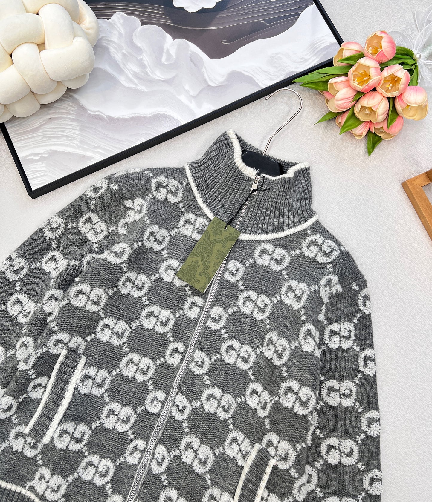 G 25 Limited Edition Classic Stand-Up Collar Jacquard Knit Zipper Cardigan