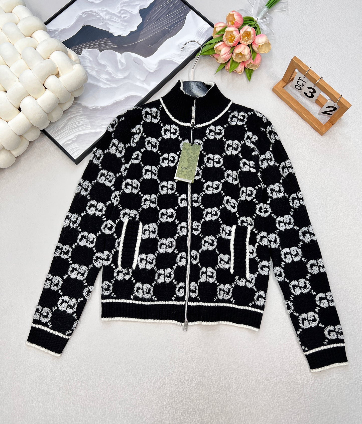 G 25 Limited Edition Classic Stand-Up Collar Jacquard Knit Zipper Cardigan