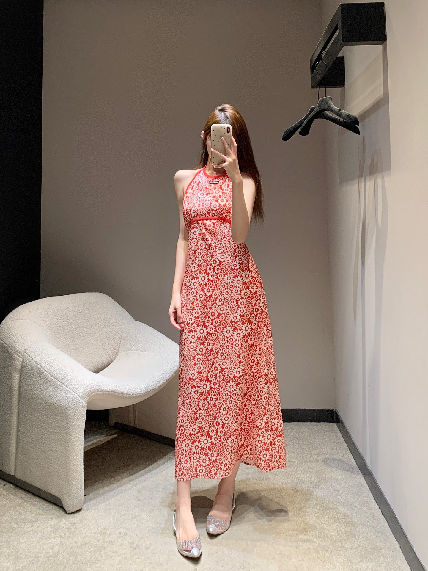 M 25 new spring and summer red floral halter dress