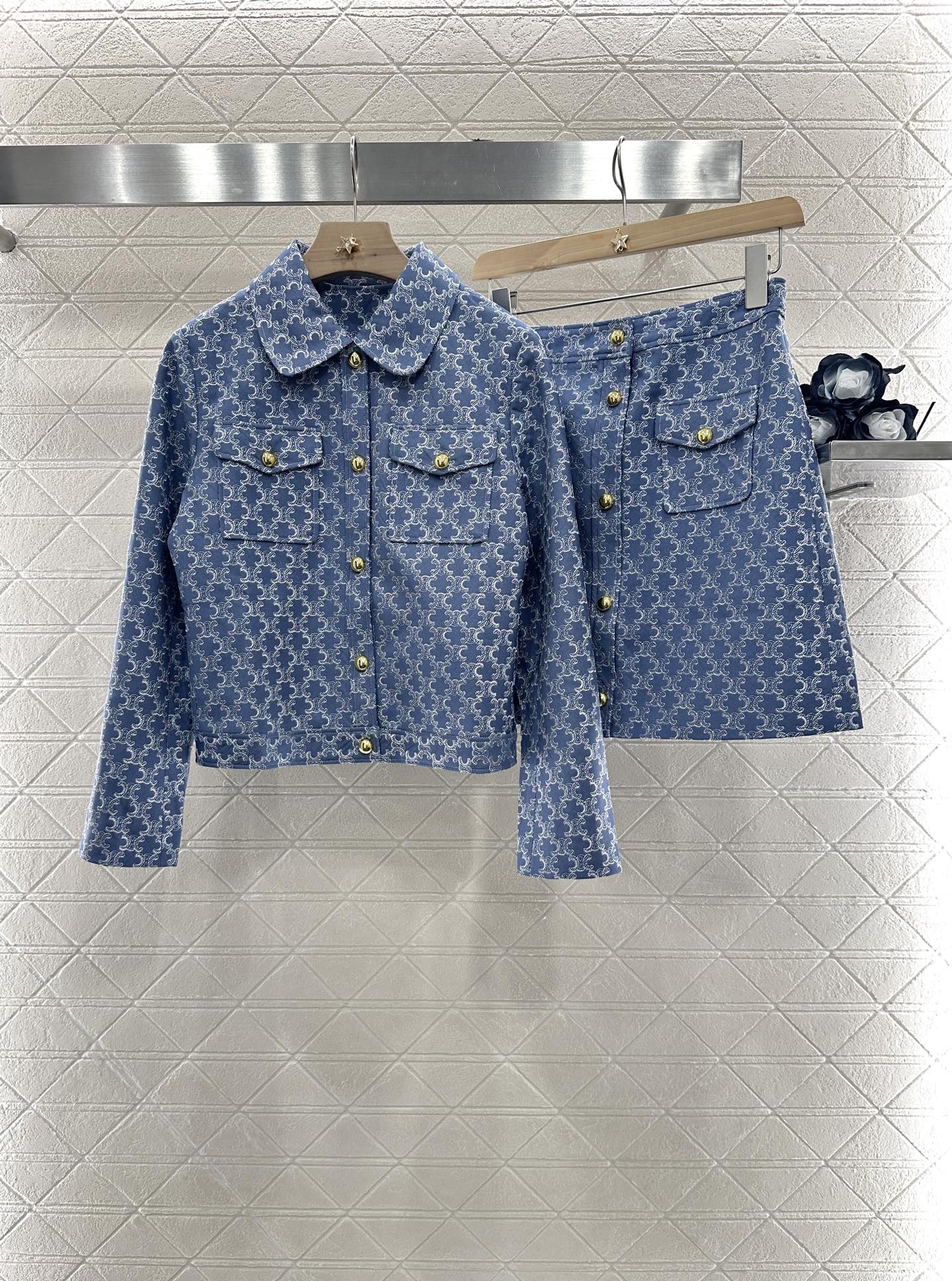 CE 2025 new embroidered denim lapel jacket skirt suit