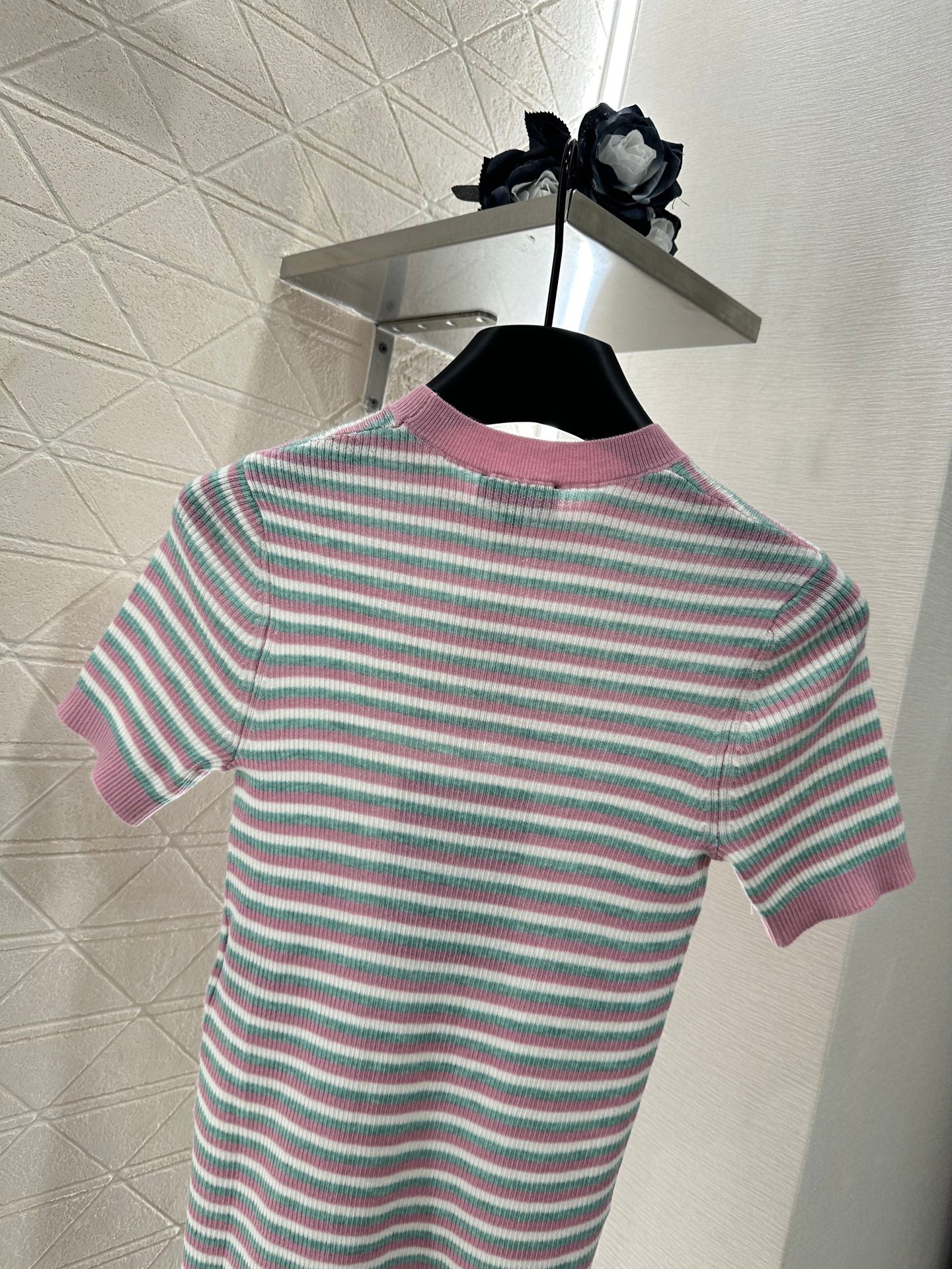P 25 Striped Knit Cute Pattern Short-Sleeve Top