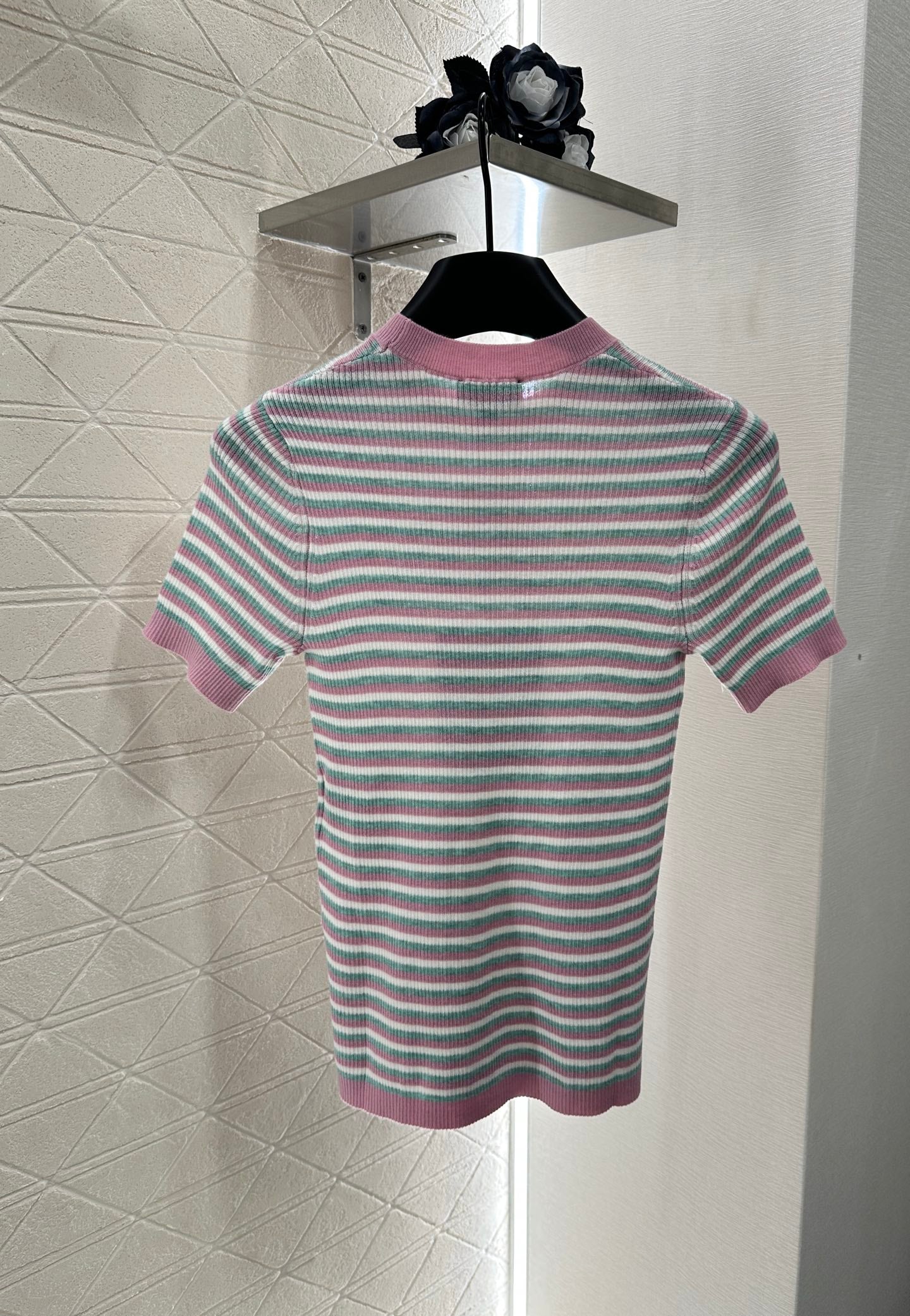 P 25 Striped Knit Cute Pattern Short-Sleeve Top