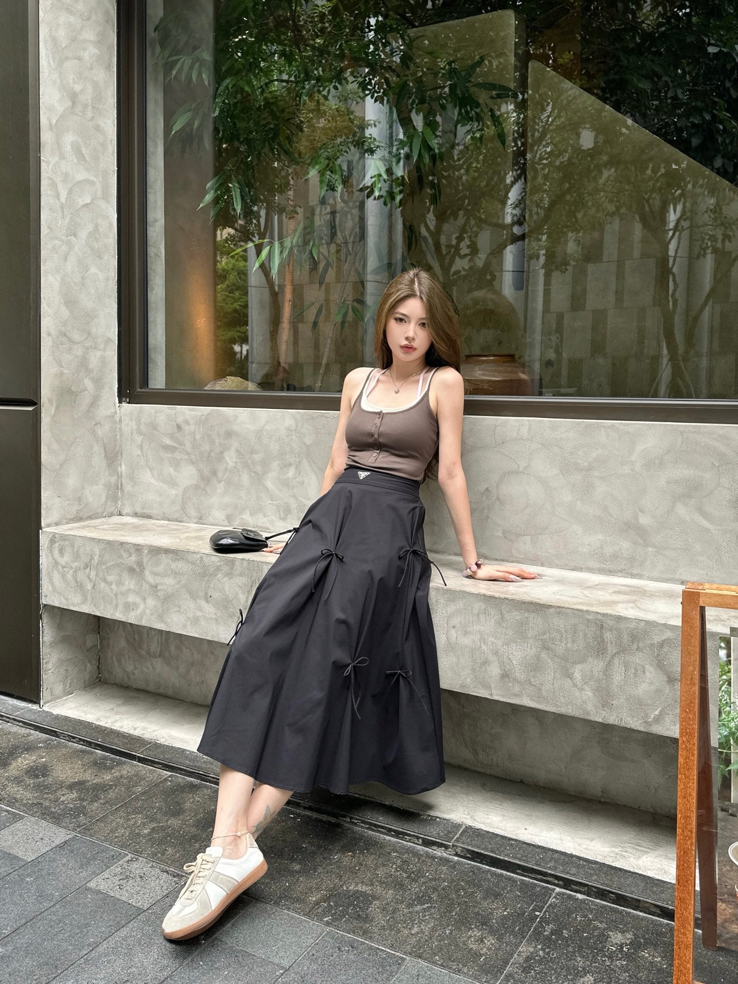P 25SS new style skirt/classic triangle logo + bow decoration c long skirt