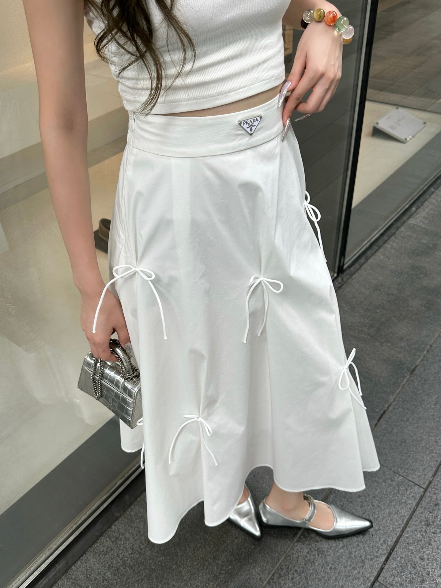 P 25SS new style skirt/classic triangle logo + bow decoration c long skirt