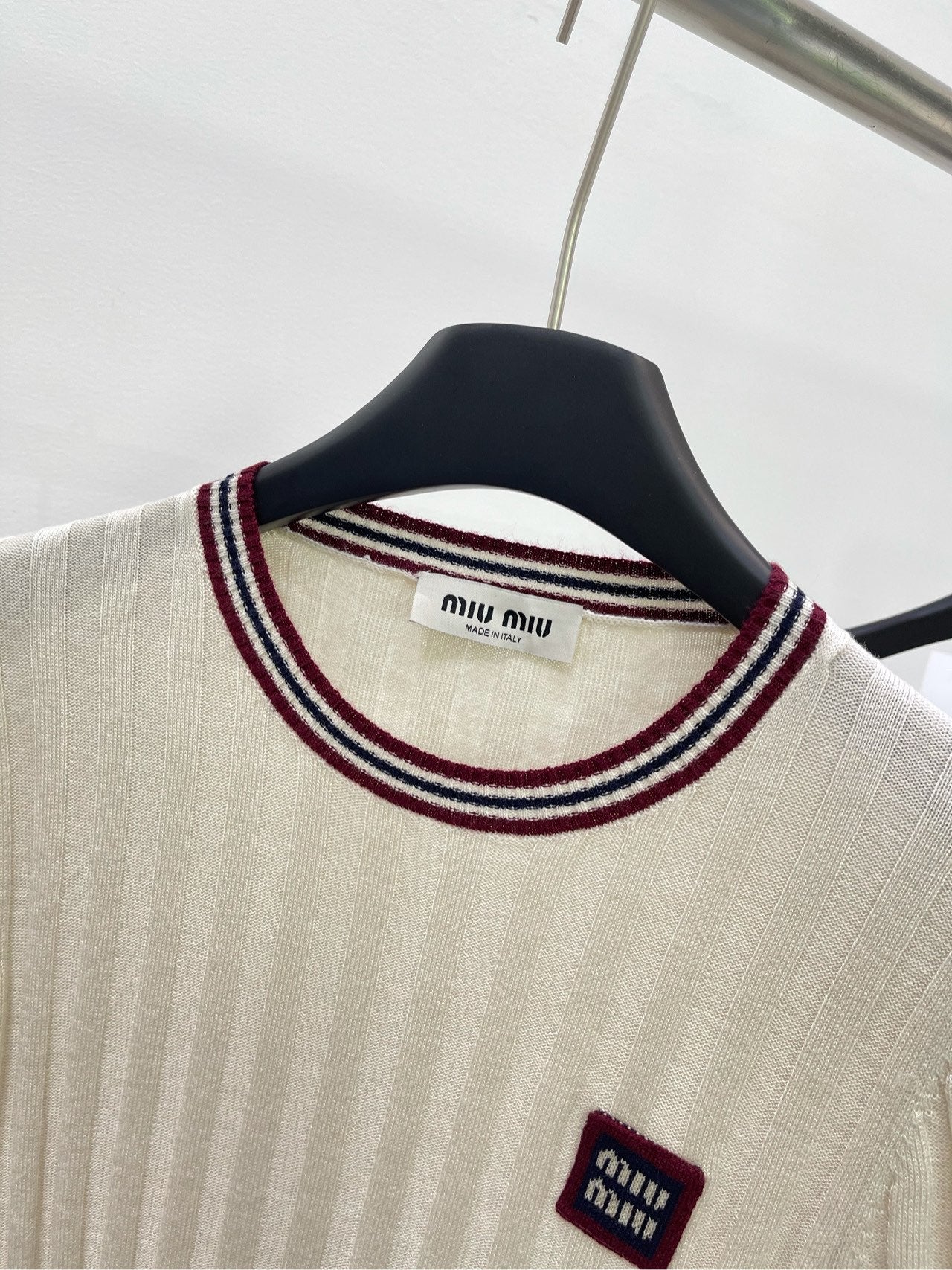 M 25Ss apricot red edge round neck knit short sleeve