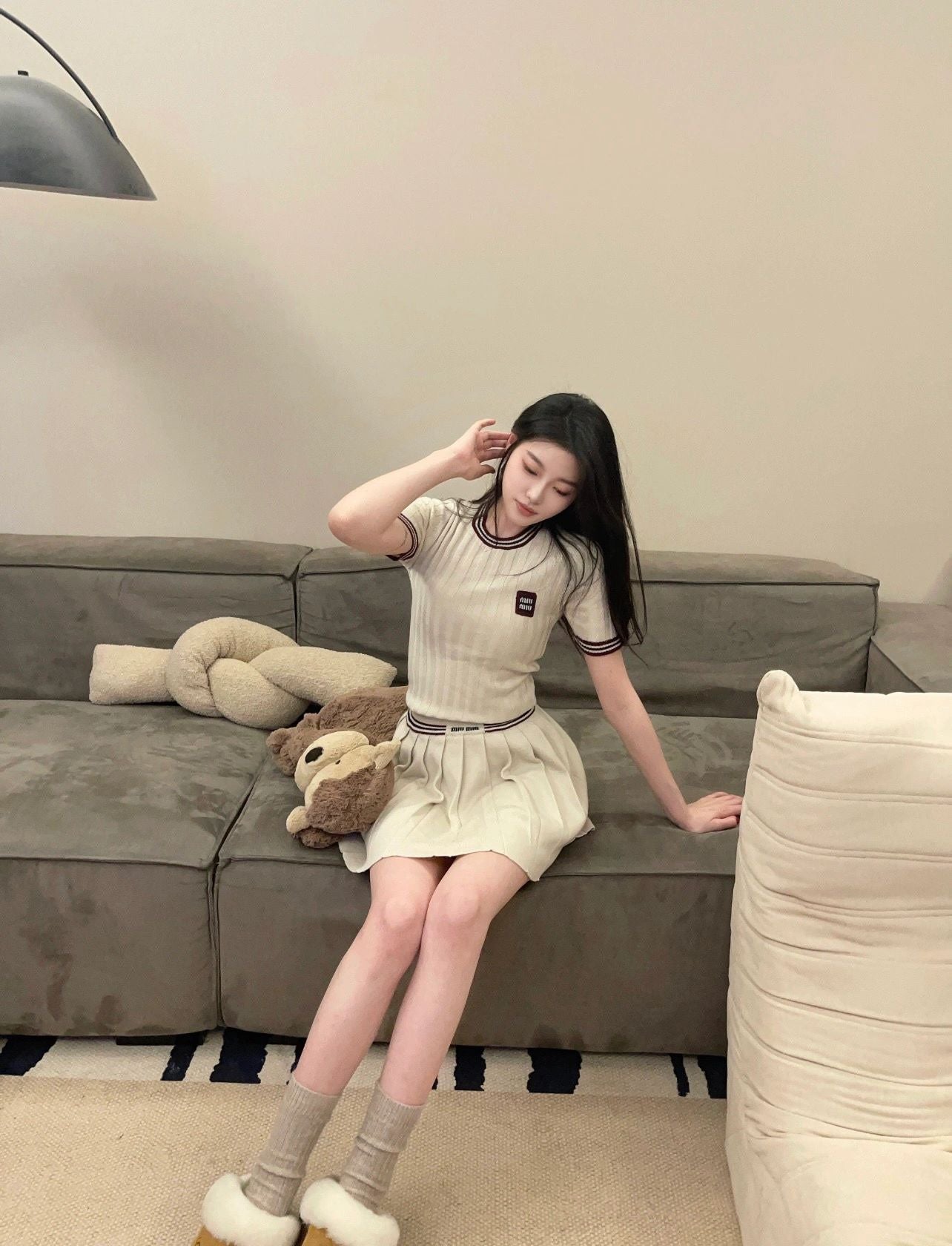 M 25Ss apricot red edge round neck knit short sleeve
