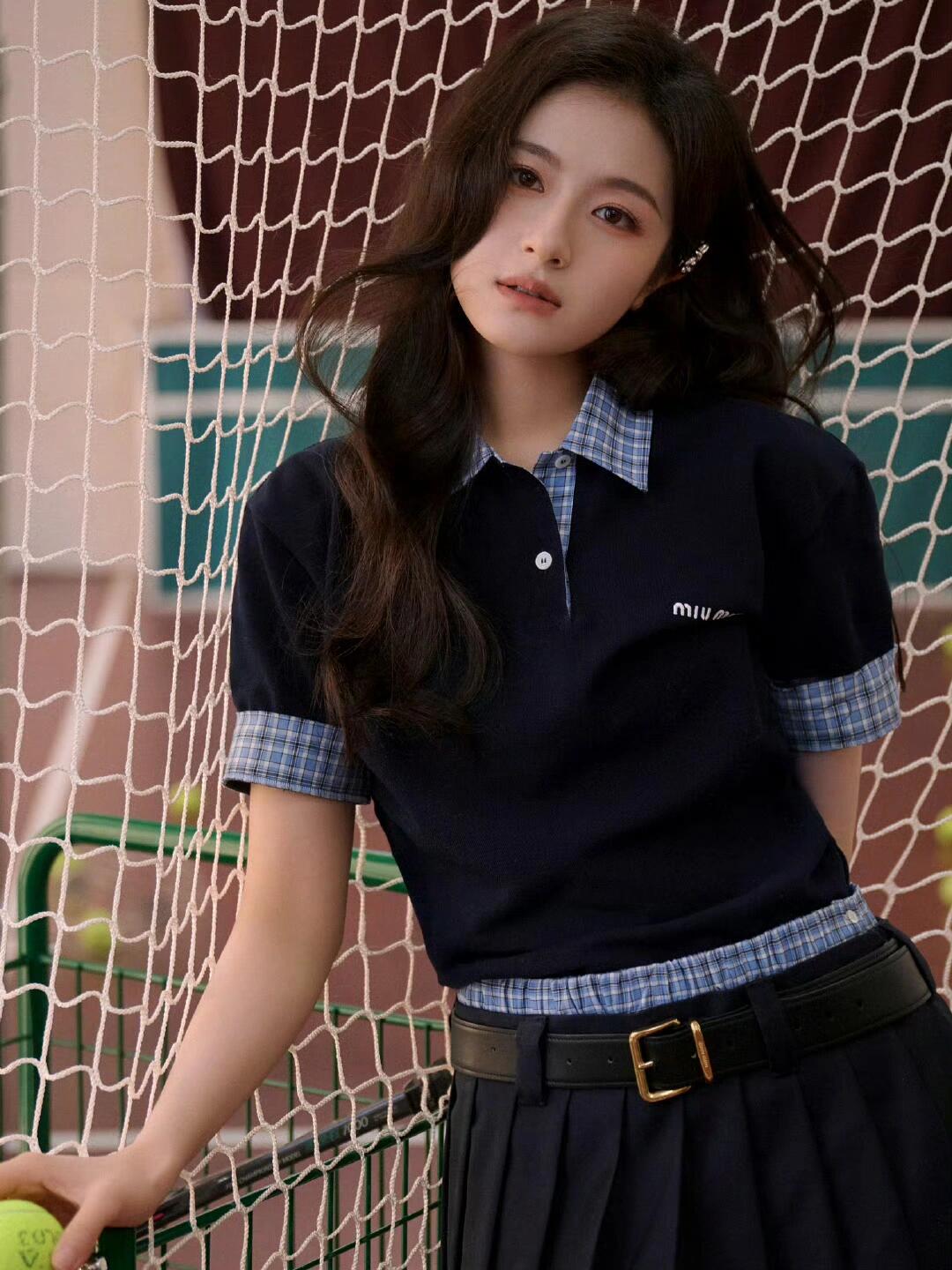 M 25ss Checkered blue two-piece short-sleeved polo shirt