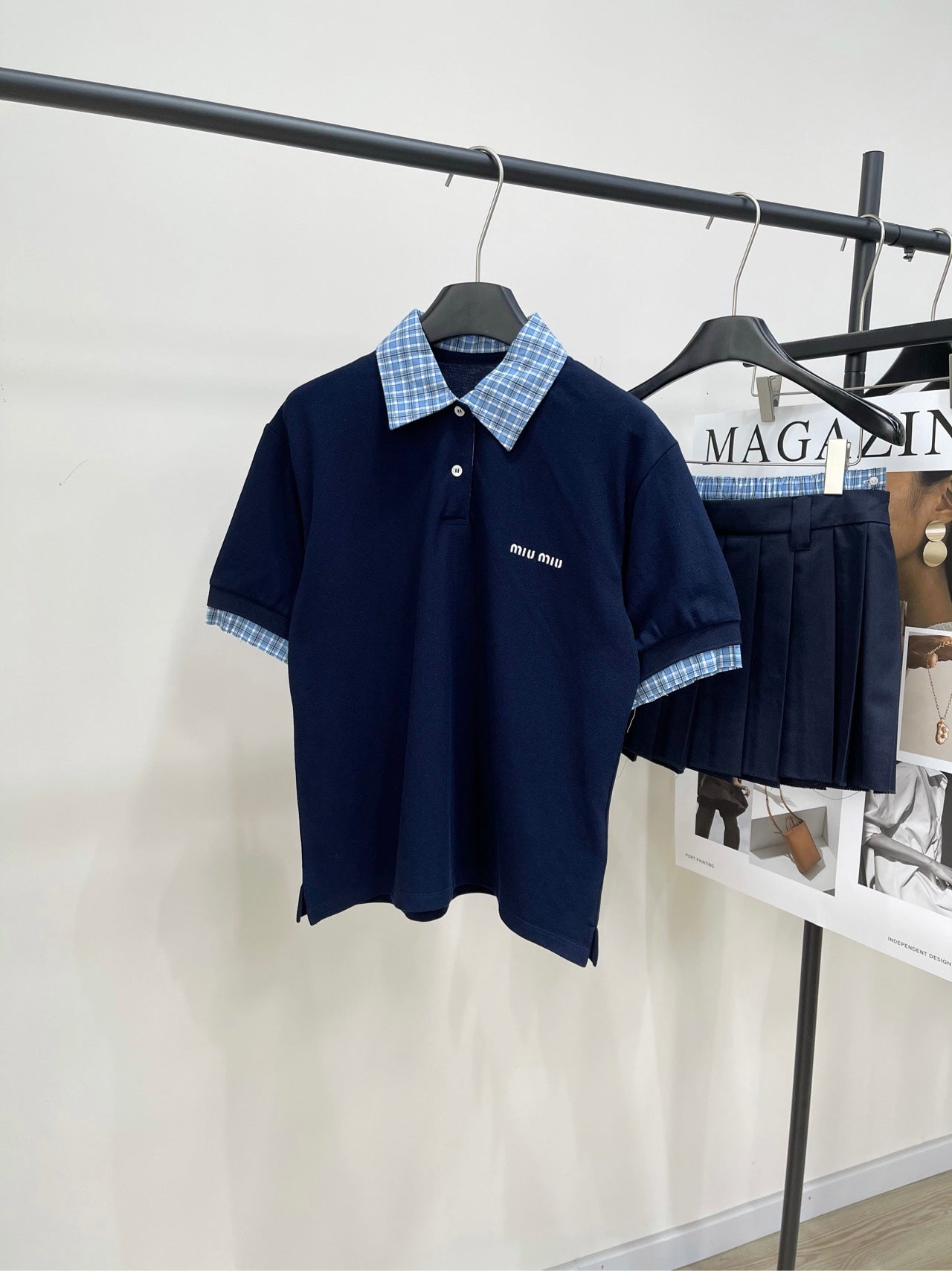 M 25ss Checkered blue two-piece short-sleeved polo shirt