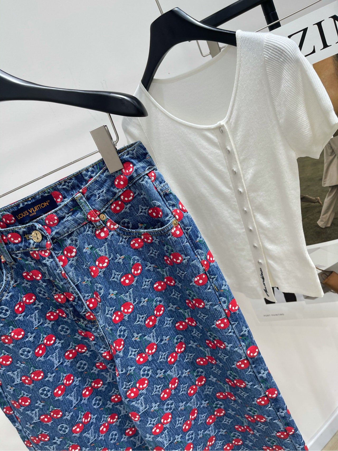 L 25 Dark blue old flower cherry denim pants
