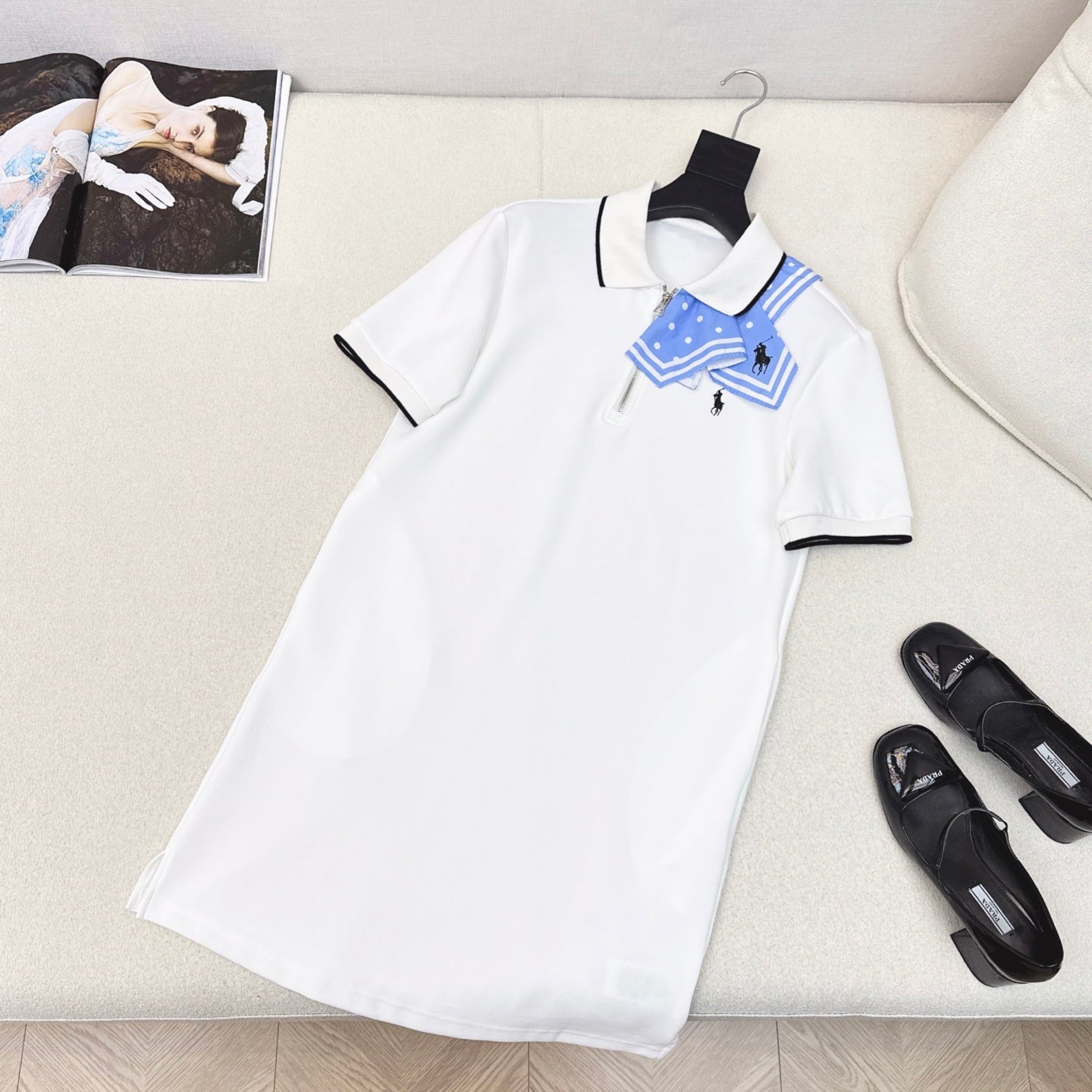 R 25Ss Early Fall New Polka Dot Classic Pattern Print Scarf Decorated Polo Lapel Dress