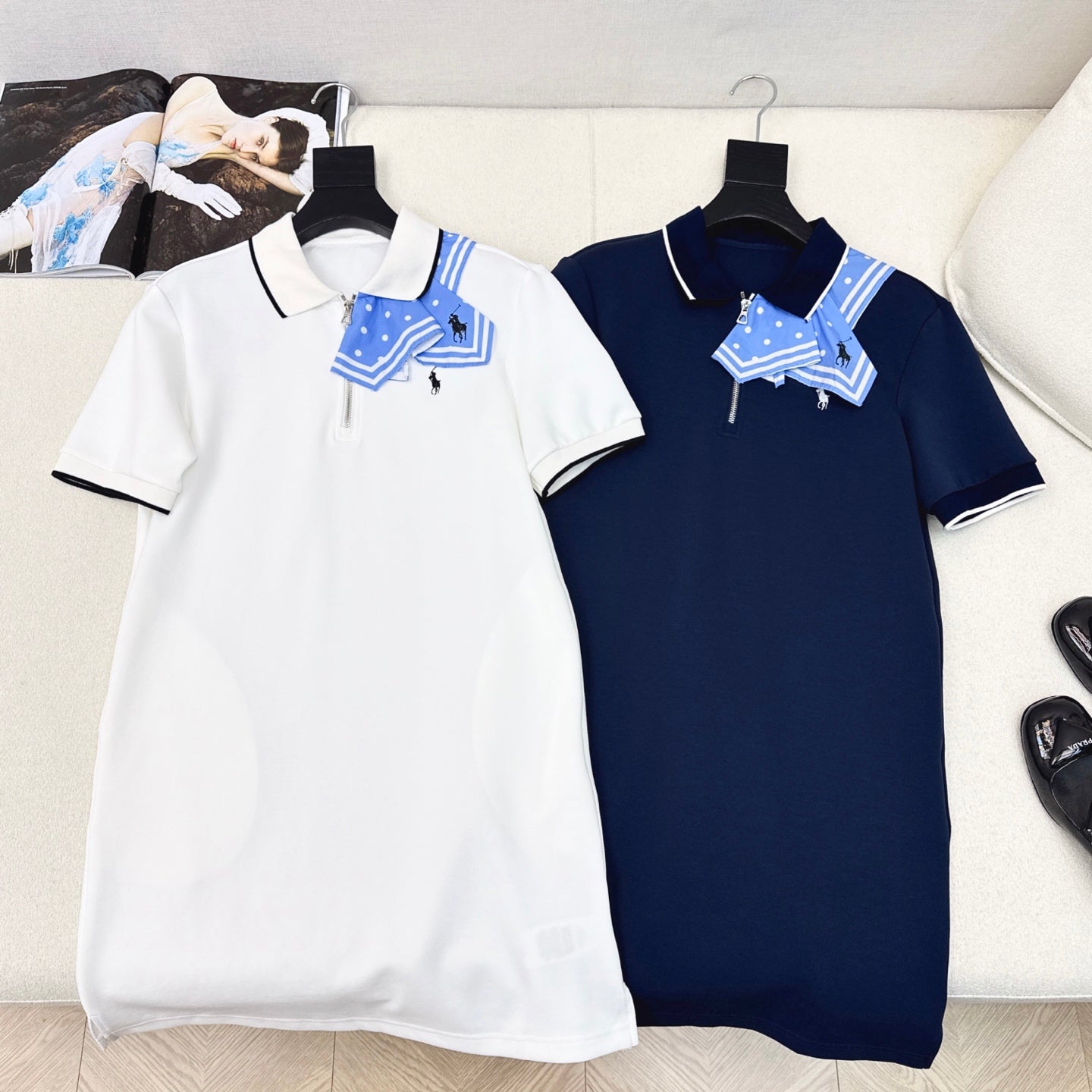 R 25Ss Early Fall New Polka Dot Classic Pattern Print Scarf Decorated Polo Lapel Dress