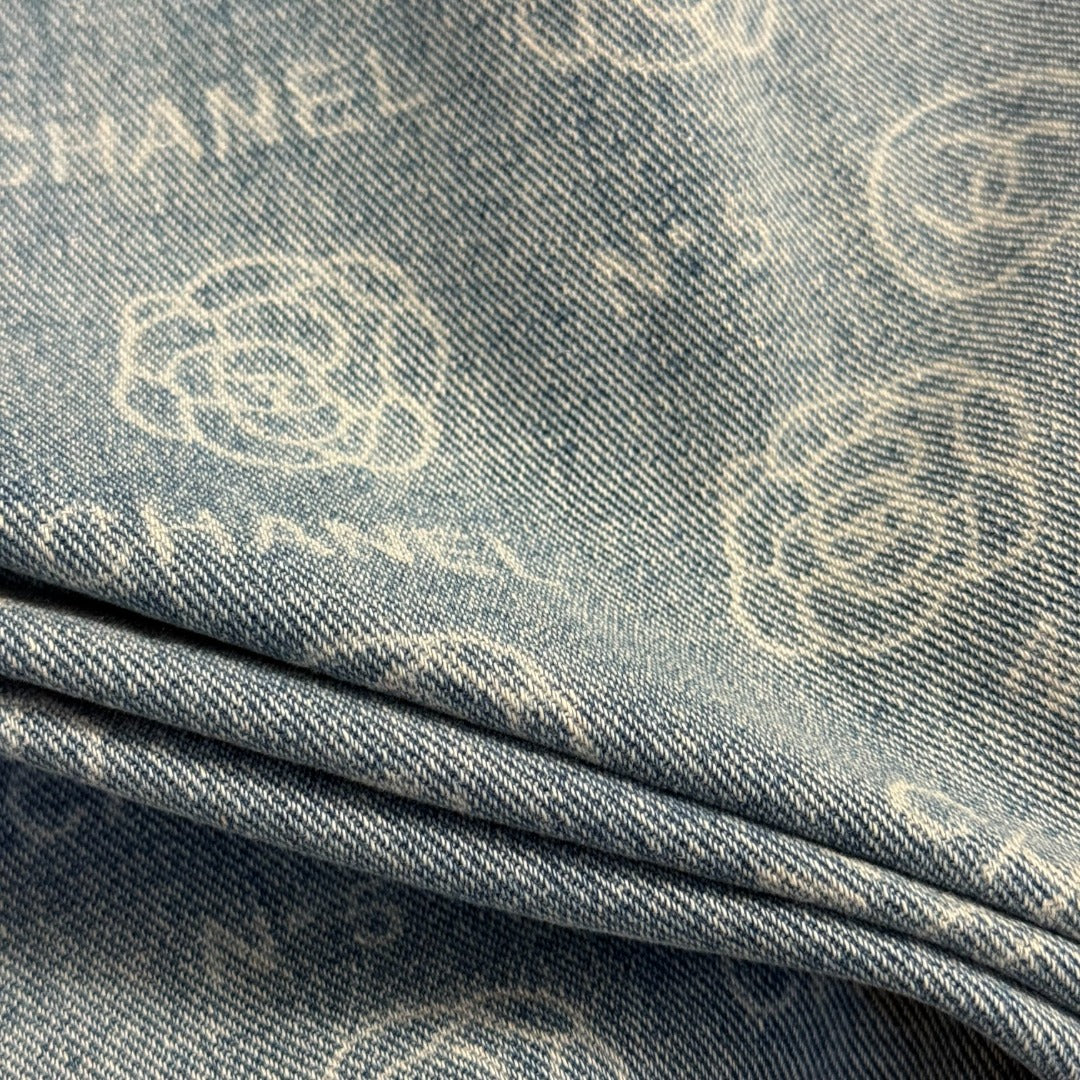 C 25 Camellia logo letter print high waisted straight leg denim pants