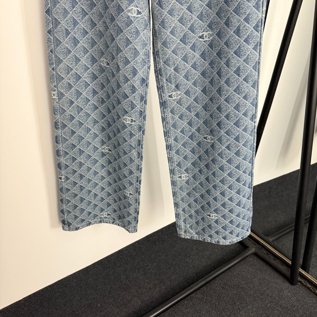 C 25 New 3D Plaid Printed Denim Trousers