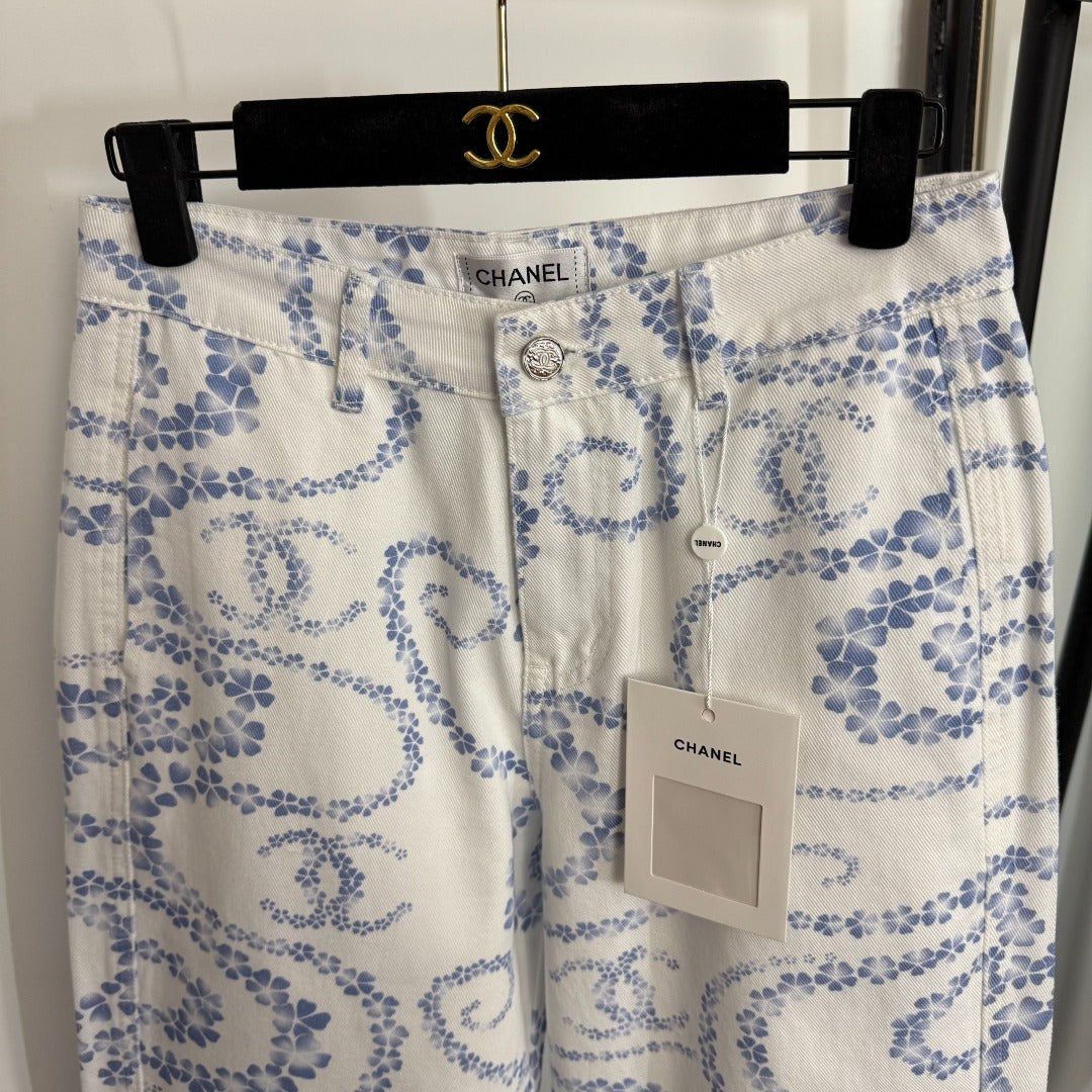 C 25 New Camellia logo positioning print fashion denim pants