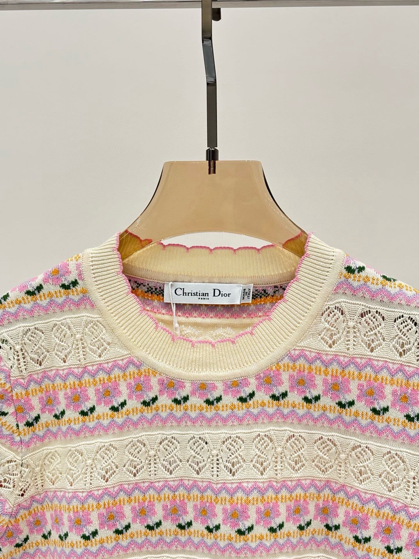 C 25 Spring and summer new round neck Striped hollow print Knit short sleeve