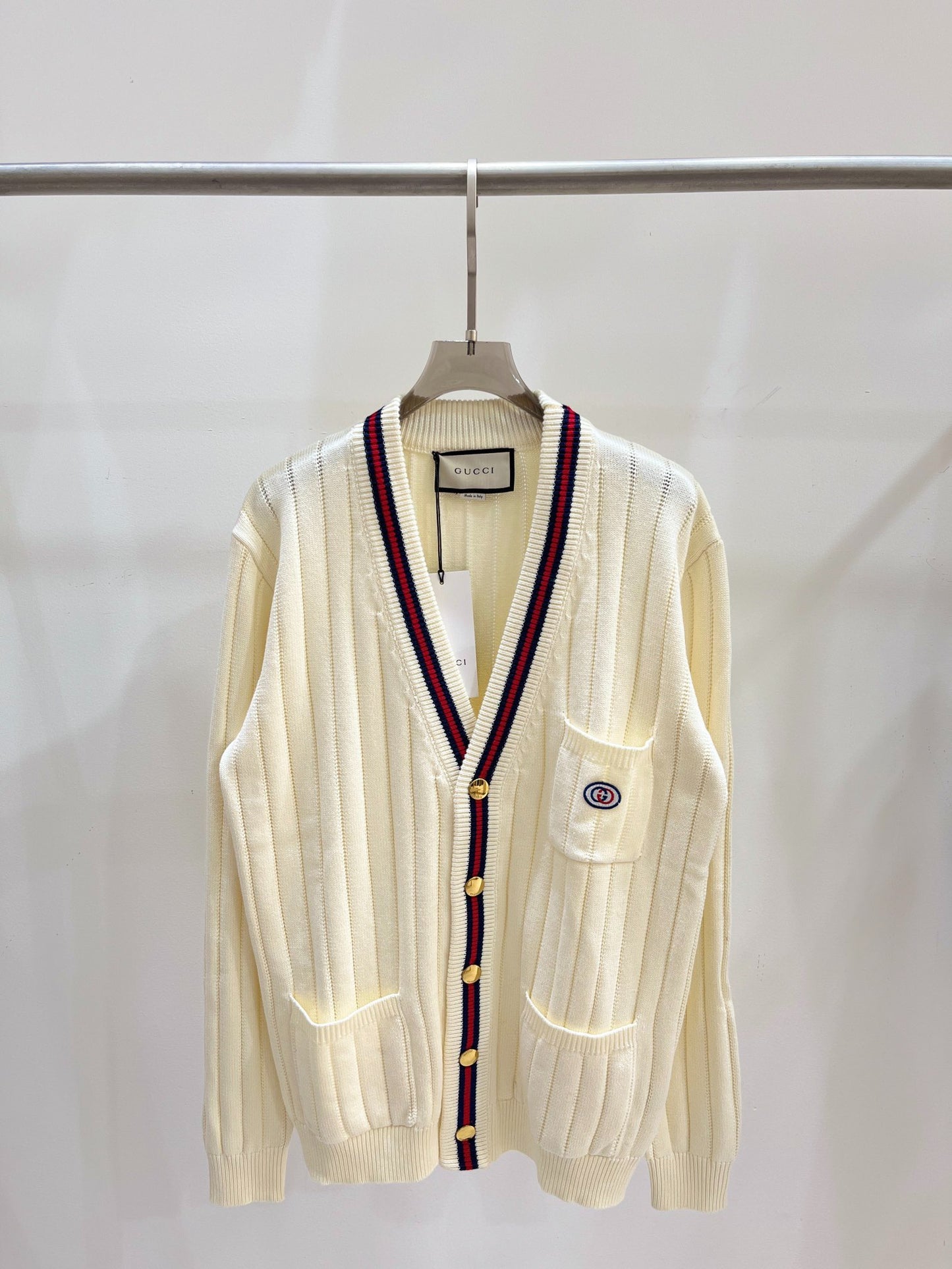 G 25 V-Neck Knit Vertical Stripe Knit Cardigan
