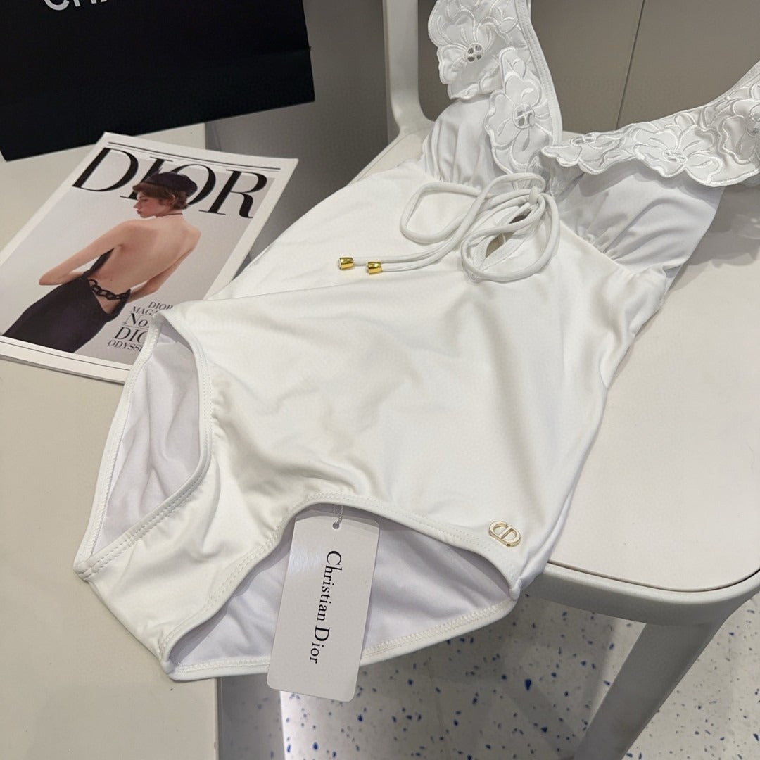D 25 Flower Shoulder White One-piece Swimsuit