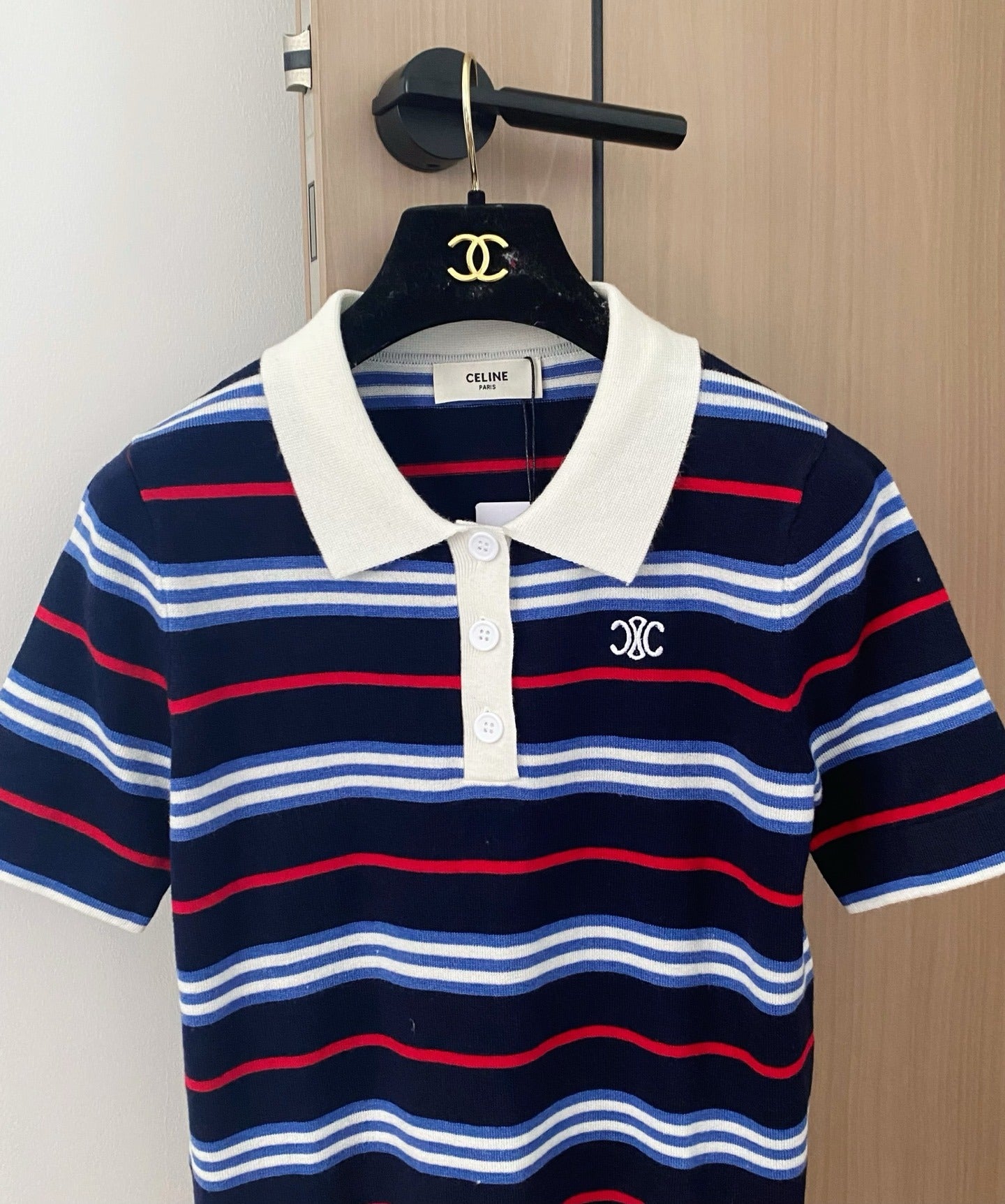 CE 2𝟓 New Striped Lapel Embroidered 𝐥𝐨𝐠𝐨 Short Sleeve