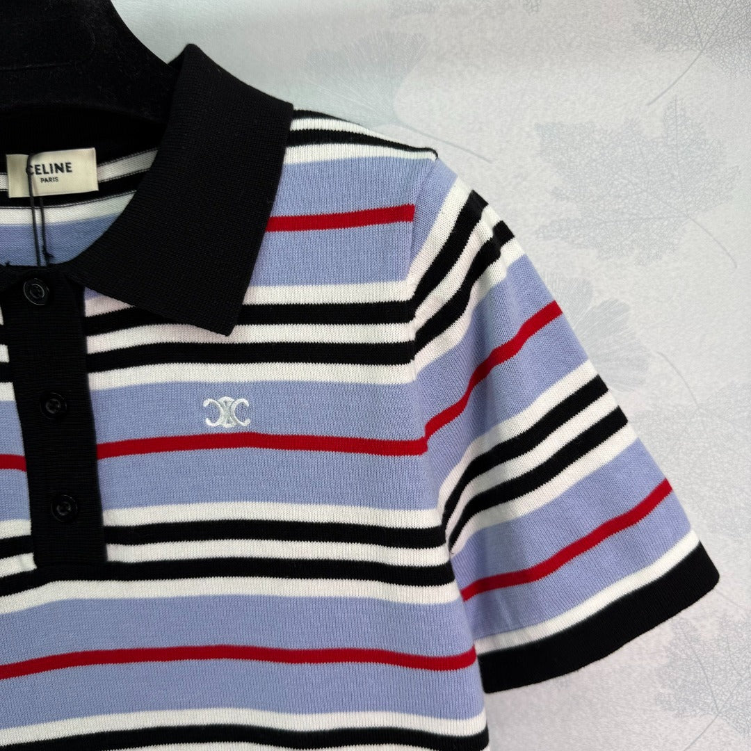 CE 2𝟓 New Striped Lapel Embroidered 𝐥𝐨𝐠𝐨 Short Sleeve