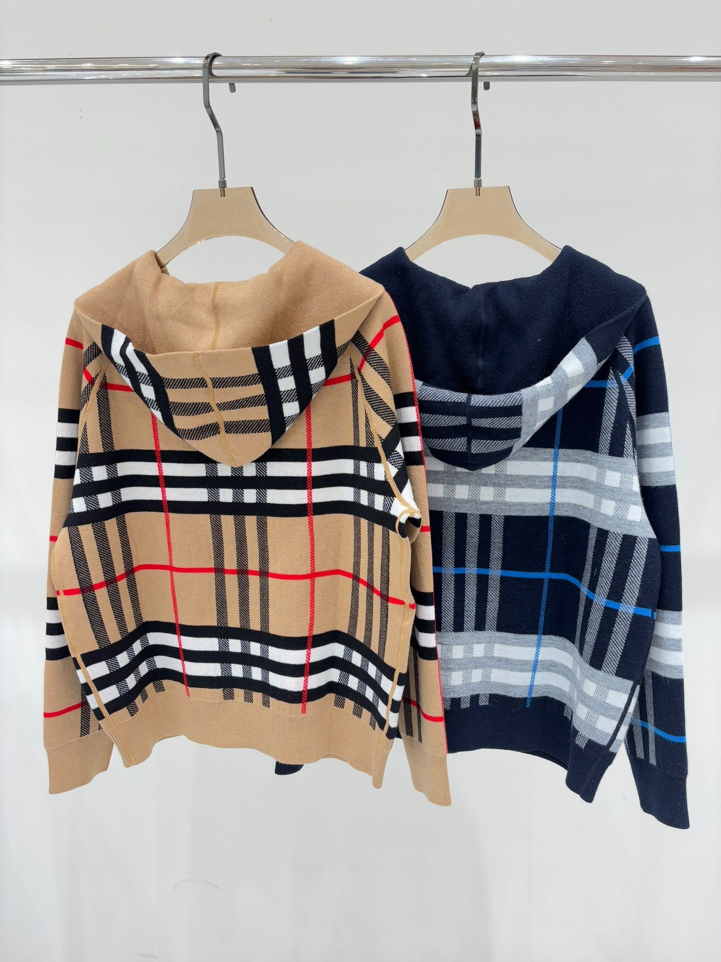 BU 25 Early Fall New Hooded Plaid Simple Two-Way Knit Jacket