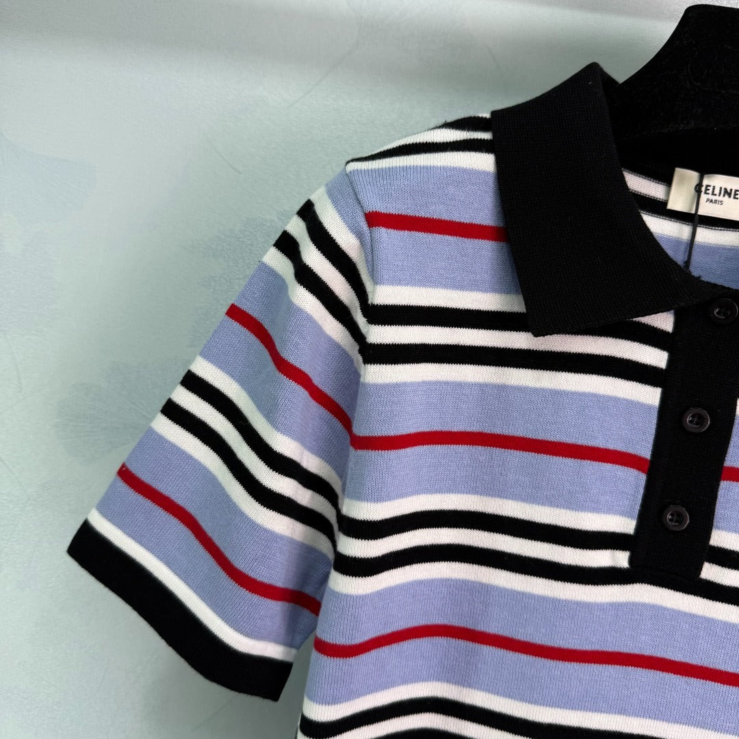 CE 2𝟓 New Striped Lapel Embroidered 𝐥𝐨𝐠𝐨 Short Sleeve