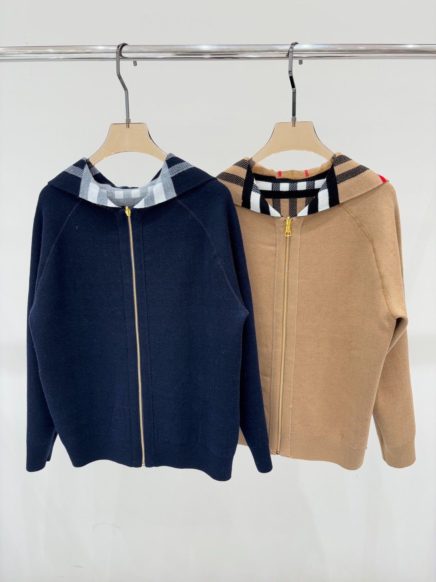 BU 25 Early Fall New Hooded Plaid Simple Two-Way Knit Jacket